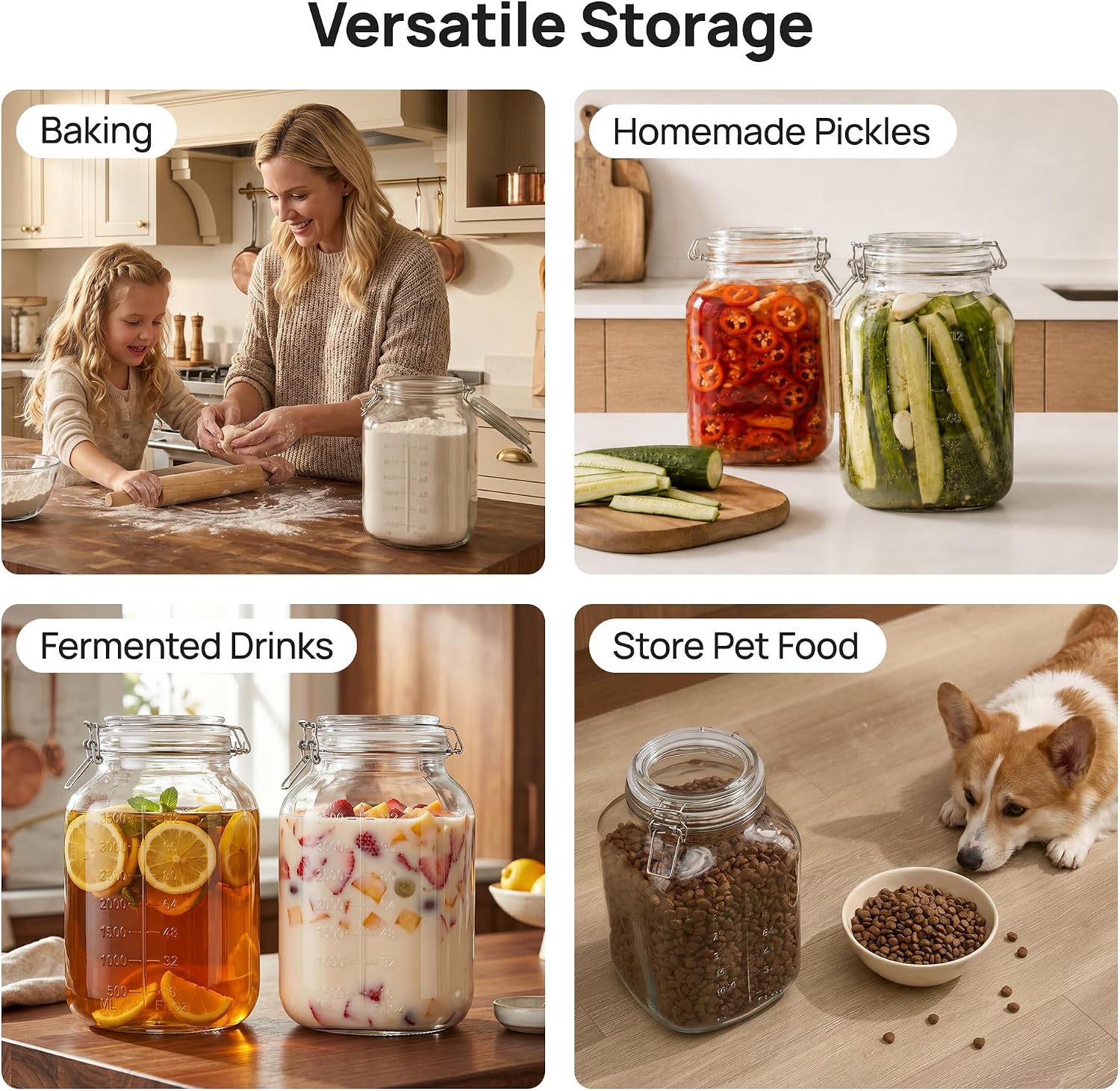 Vtopmart 78oz Glass Food Storage Jars with Airtight Clamp Lids, 3 Pack