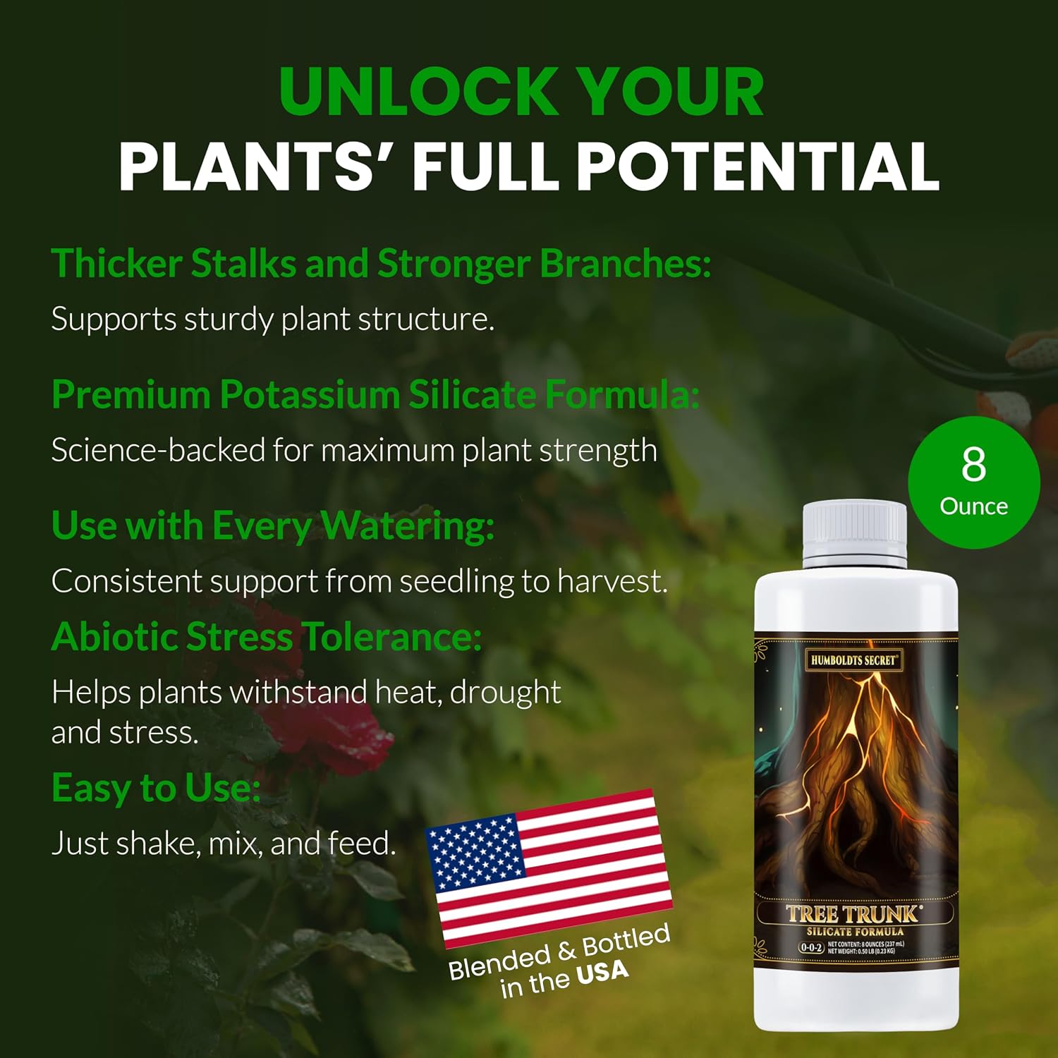 Humboldts Secret Tree Trunk | Potassium Silicate Additive | Liquid Fertilizer for Thicker Stalks, Stress Resistance & Branch Development | Indoor & Outdoor Plant Food, Hydroponic Nutrients, 32 Ounce