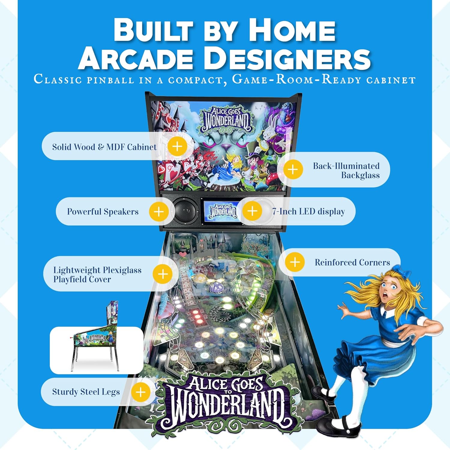 Alice Goes to Wonderland Pinball with LED Lighting | Home Pinball Machine with Real Flippers, Bumpers, Ramps & Multiball, Wi-Fi High Scores