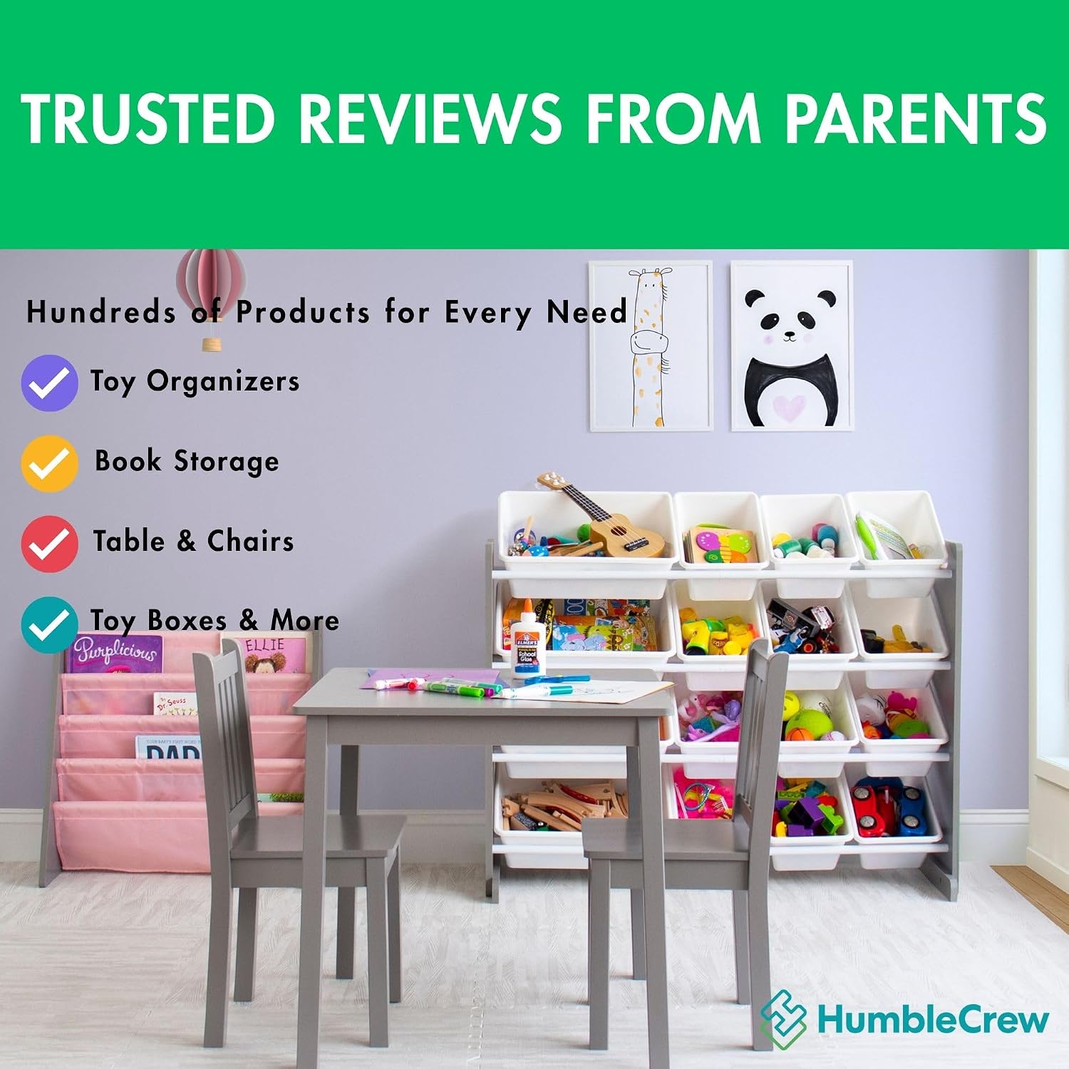 Humble Crew Kids Bookshelf, Montessori Front Facing Toddler Bookcase 4 Tier | Book display rack and reading nook organizer, nylon pockets show covers face out, compact for any playroom or bedroom space