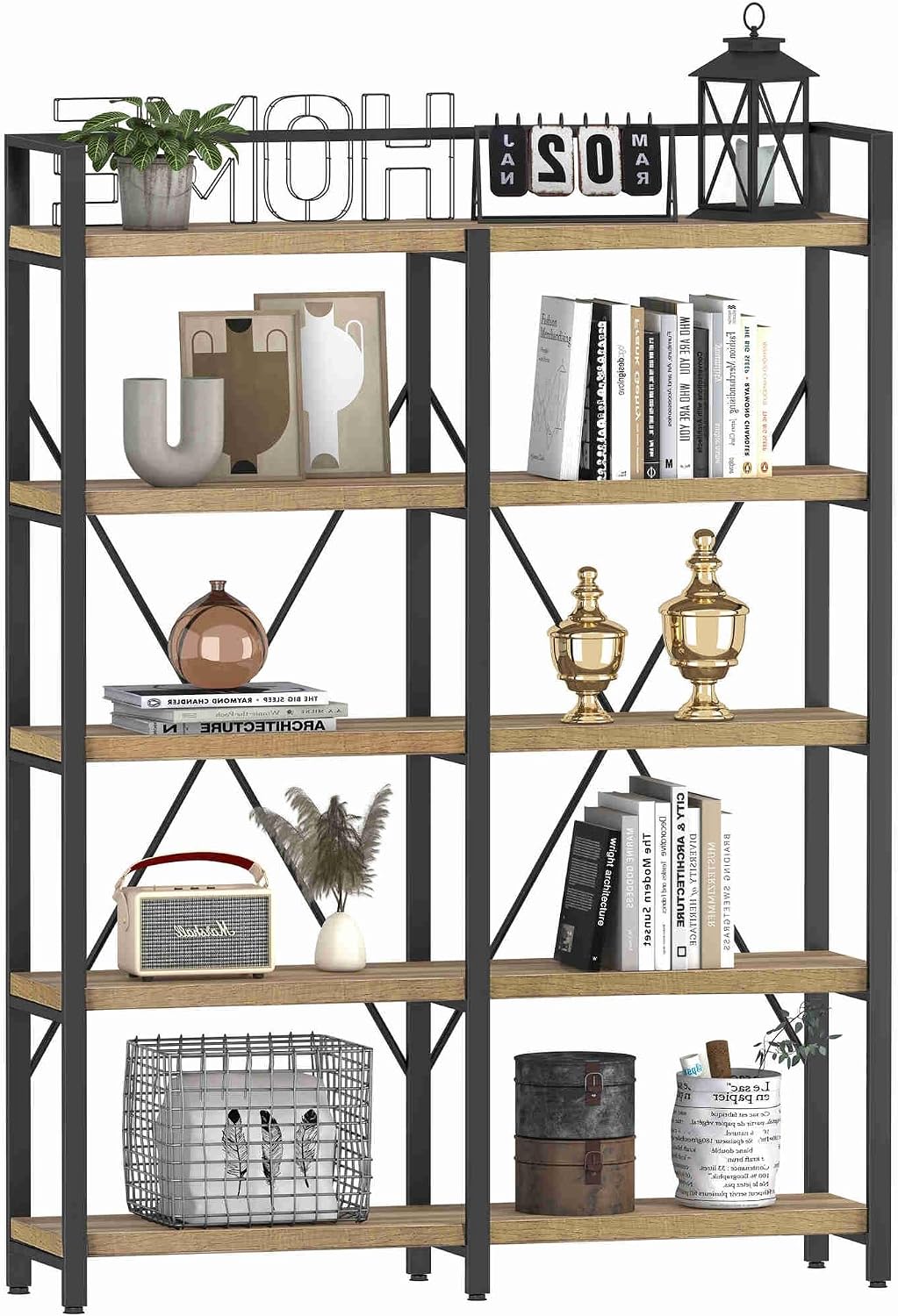 FATORRI Bookshelf, 5 Tier Industrial, 51 Inch Wide 69 Inch Tall Etagere Bookcase