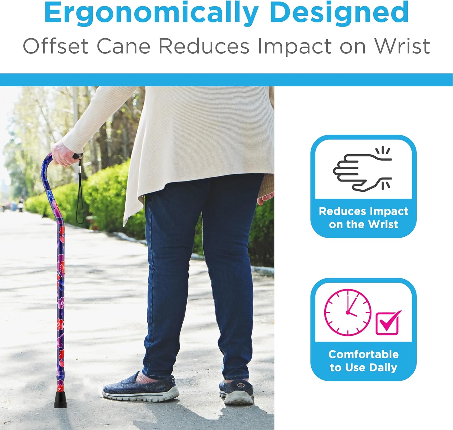 NOVA Offset Walking Cane for Seniors, Men & Women – Lightweight Adjustable Walking Cane with Soft Foam Grip, Wrist Strap