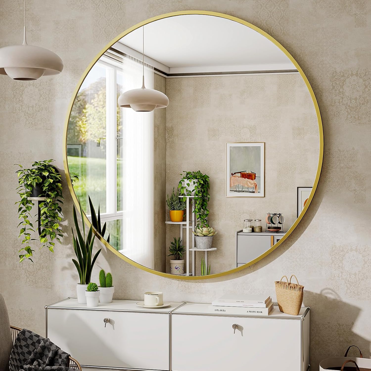 BEAUTYPEAK 24 Inch Round Mirror, Metal Frame Circle Mirror, White