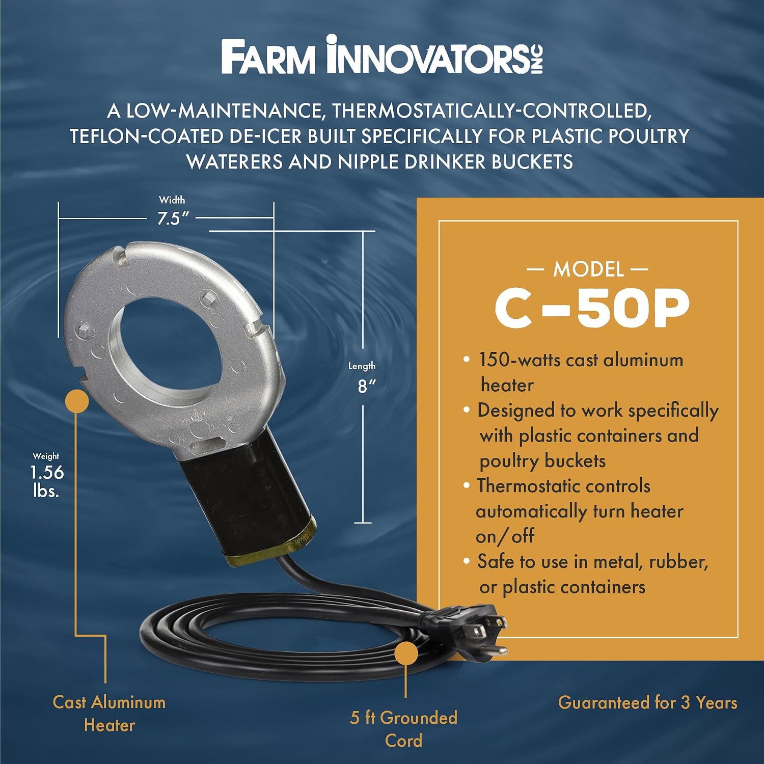 Farm Innovators Chicken Waterer De-Icer for Nipple Drinker Chicken Water Buckets - 150W Water Deicer with Thermostatically Controlled Heating | For