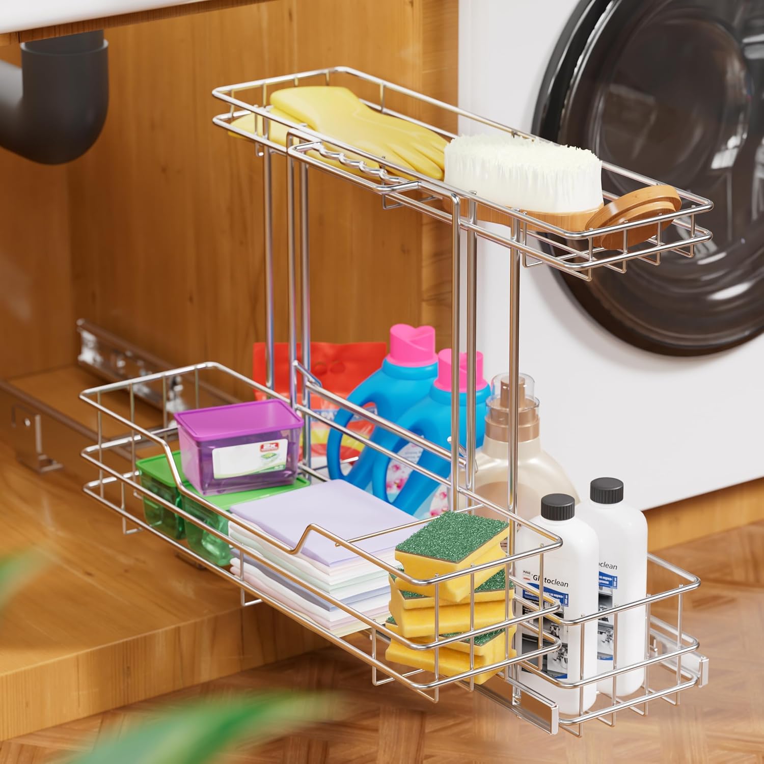 Under Sink Organizer 9" W X19 D, Pull Out Cabinet Organizer 2 Tier