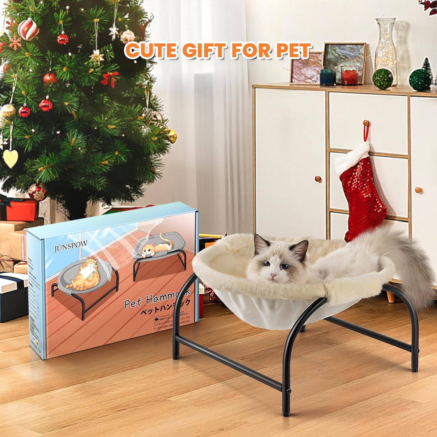 JUNSPOW Cat Bed Sleeping Cat Hammock, 16.9in x 16.9in x 9.5in, Grey