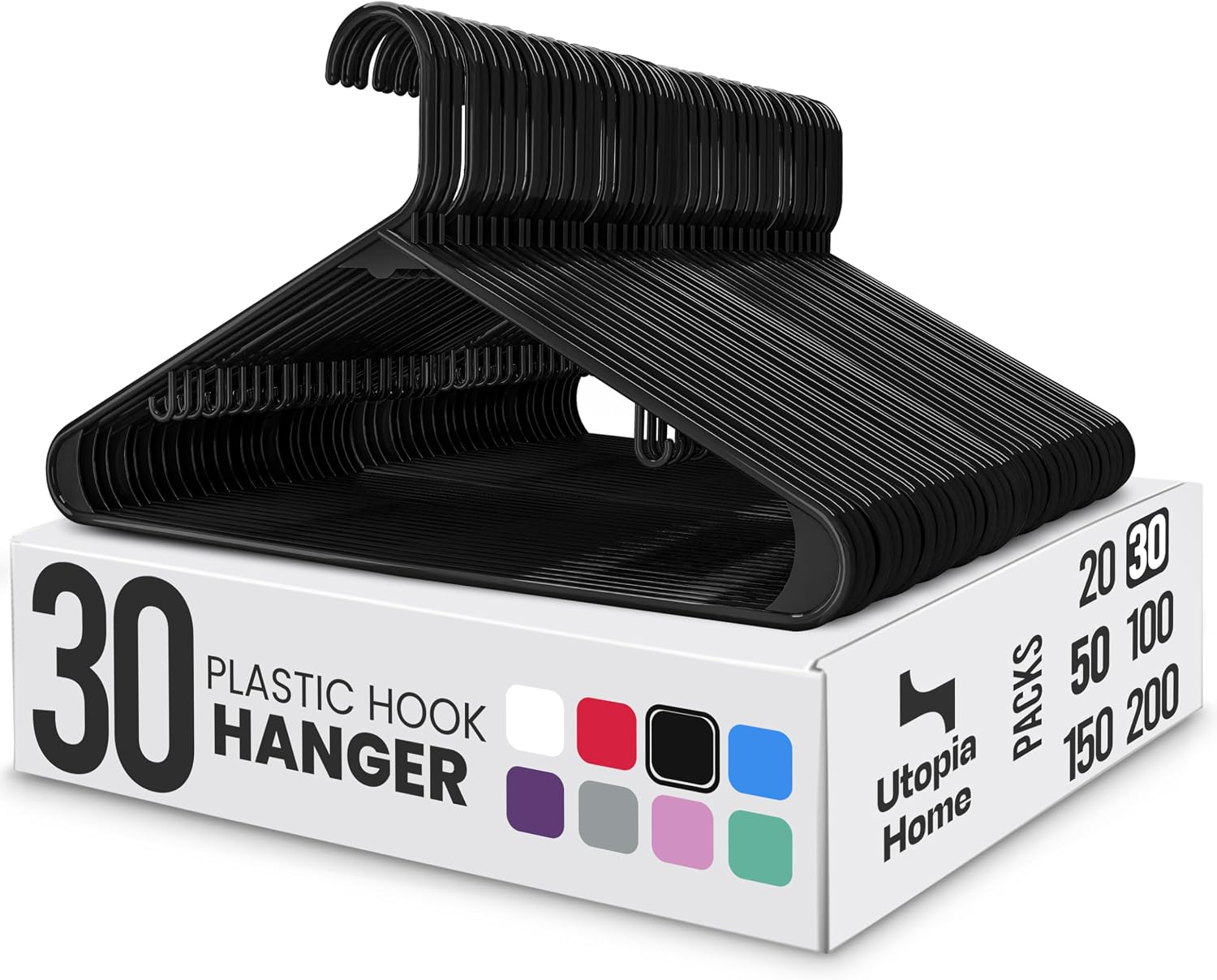 Utopia Home Plastic Hangers 50 Pack – Built-in Strap Hooks Black