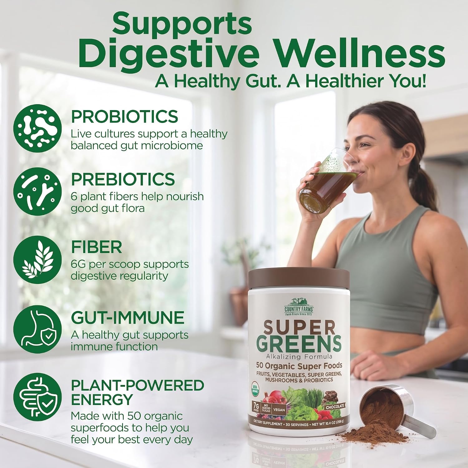 Country Farms Organic Super Greens Powder, Daily Greens Drink Mix with 50 Organic Superfoods, Fruits, Vegetables, Fiber, Mushrooms & Probiotics for Gut Health, Digestion & Energy, Berry Flavor