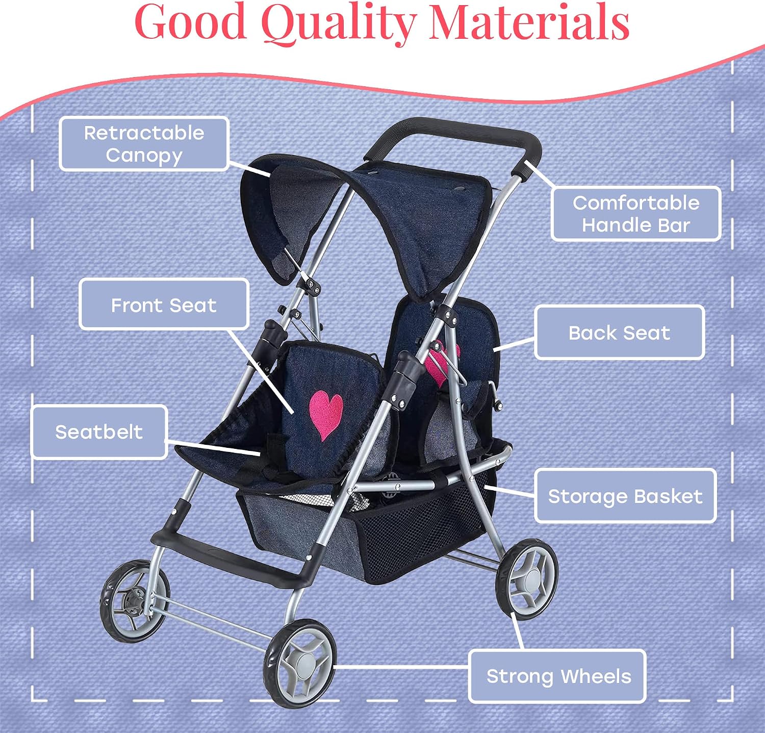 My First Doll Twin Stroller - Cutest Heart Design Doll Twins Stroller - Great Toy Gift for Girls