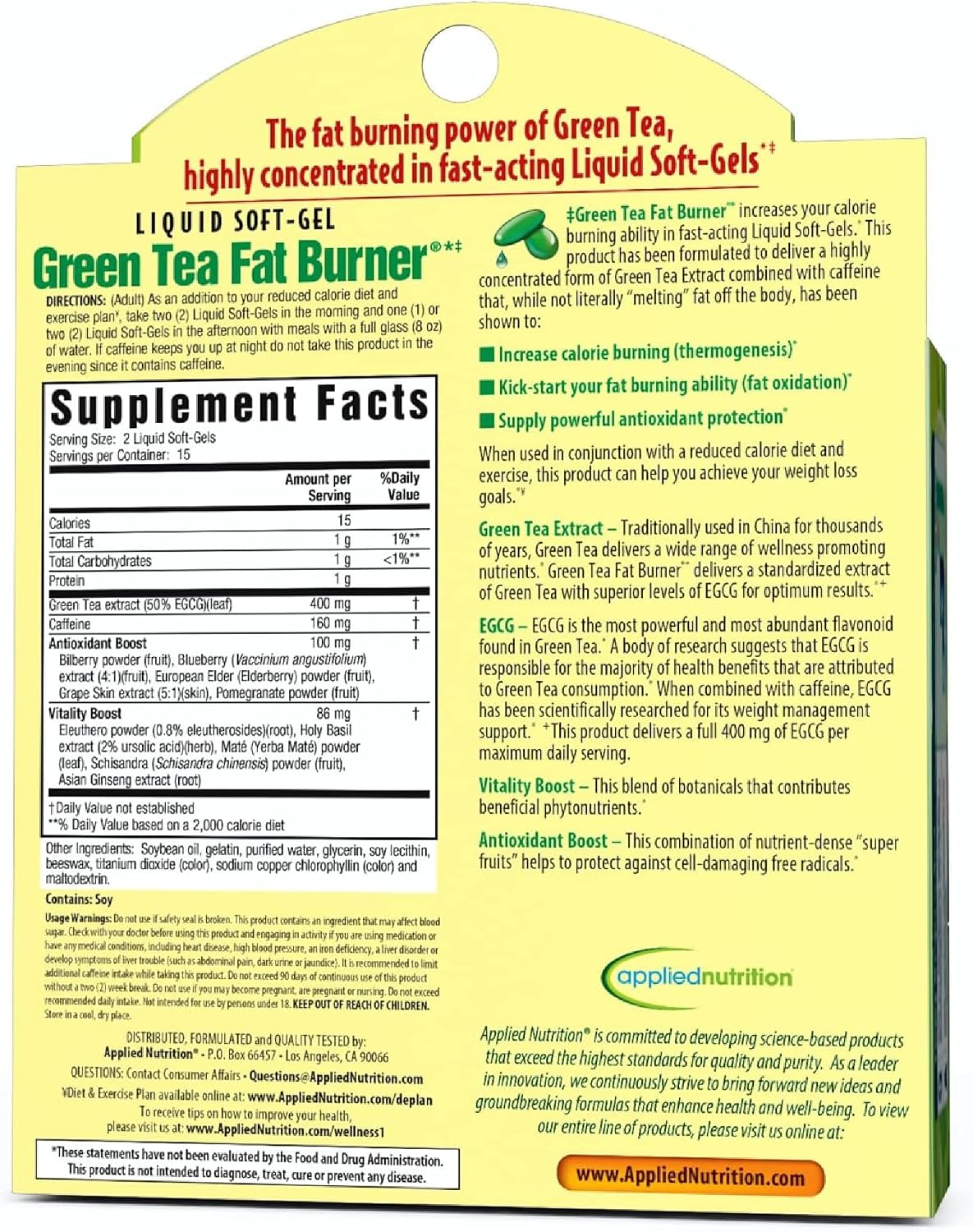Applied Nutrition Green Tea Fat Burner EGCG 30 Liquid Softgels Pack of 3 | Green Tea Extract with EGCG + Green Coffee Bean Extract | Supports