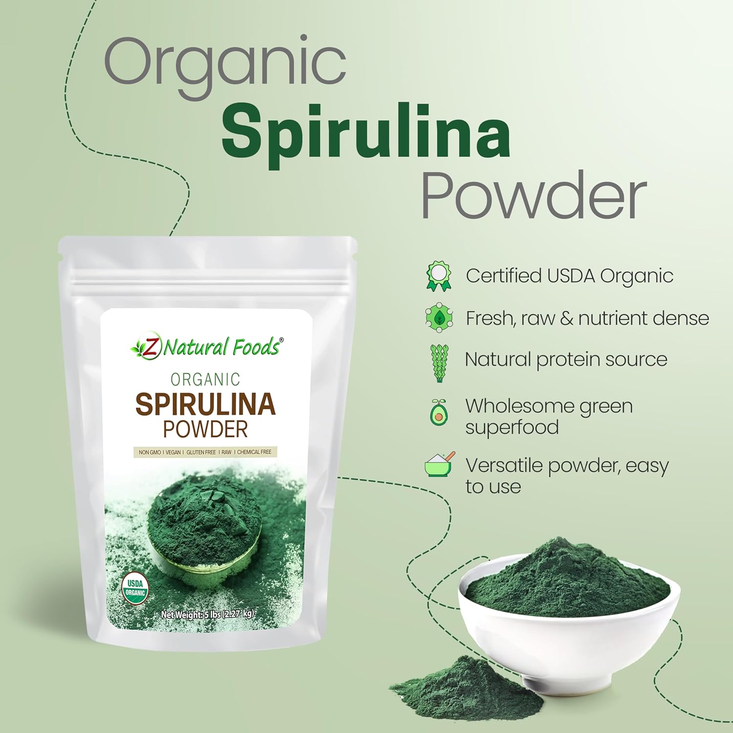 Z Natural Foods Organic Spirulina Powder - 16 oz (Pack of 1) | Organic, Blue-Green Algae Superfood, Spirulina, Raw, Contains Amino Acids, Mixes in Smoothies, Yogurt & Recipes