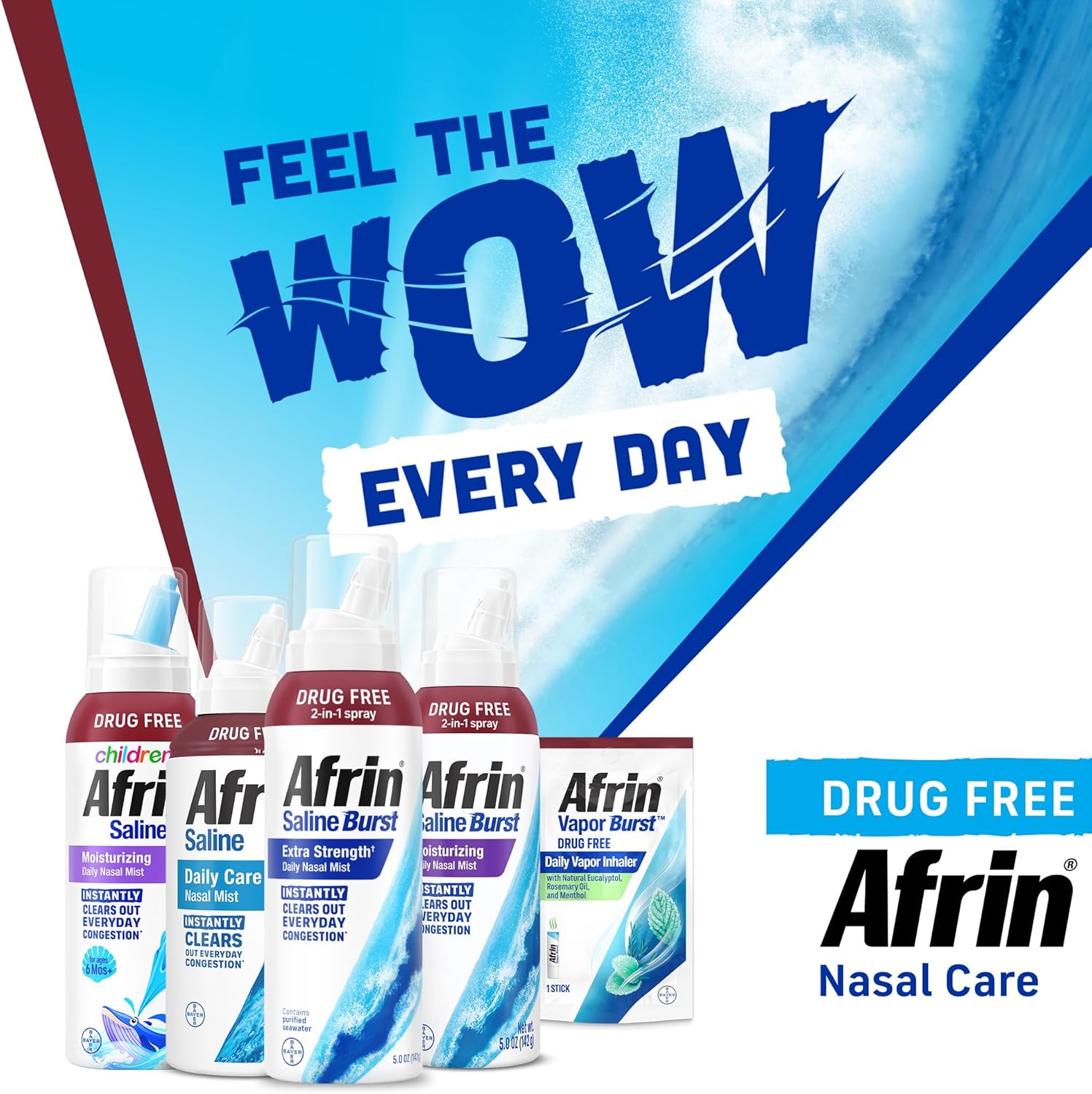 Afrin Saline Burst Moisturizing Daily Nasal Mist, Isotonic Seawater Saline Nasal Spray with Dual Nozzle for Everyday Congestion Relief and Dry Nose