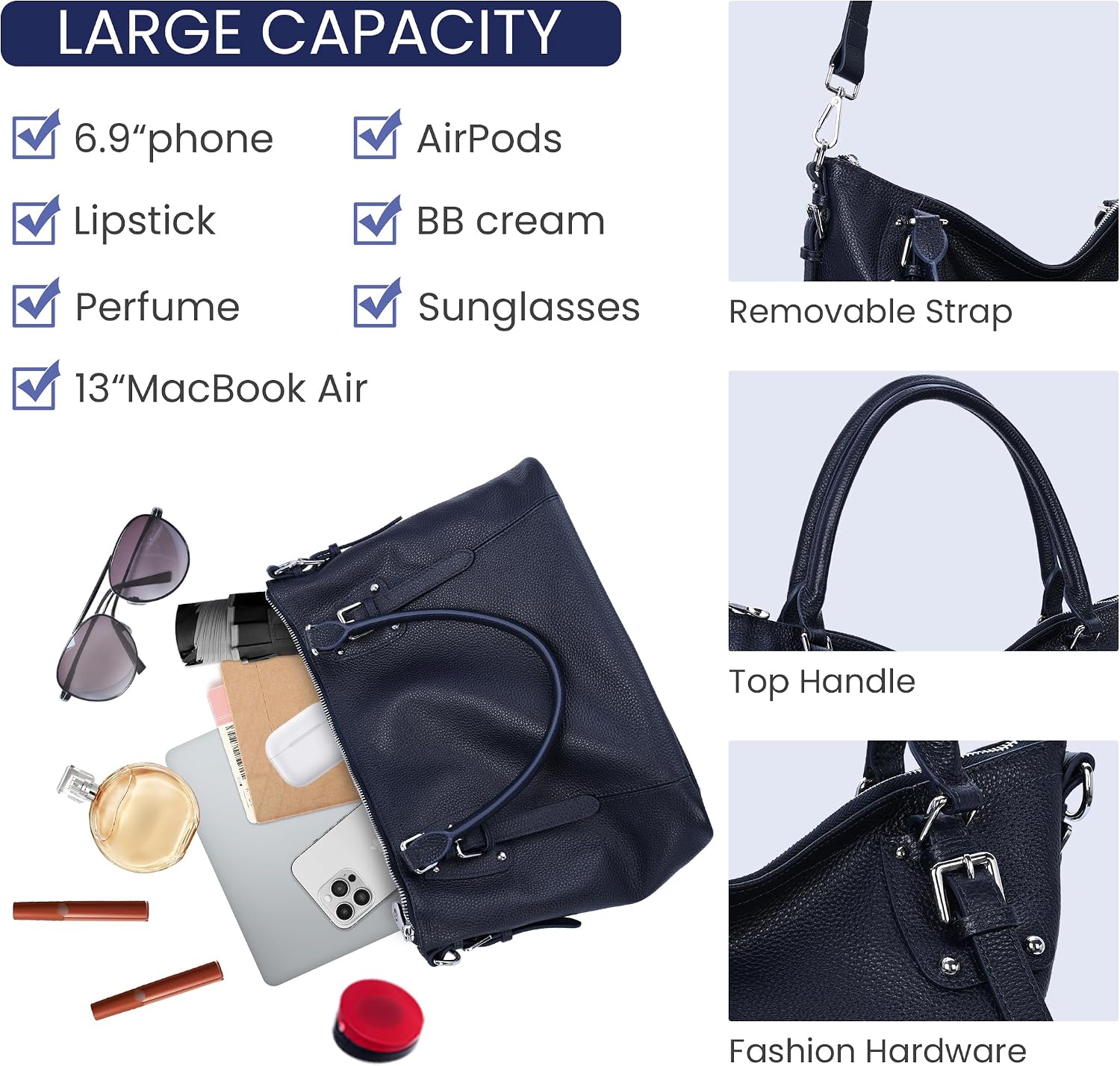 HESHE Leather Purses and Handbag for Women Shoulder Bag Tote Top Handle Bag | Genuine Designer Large Capcity Hobo Crossbody Satchel Travel Work Ladies Zippered Ladies Daily Bag Adjustable Long Strap