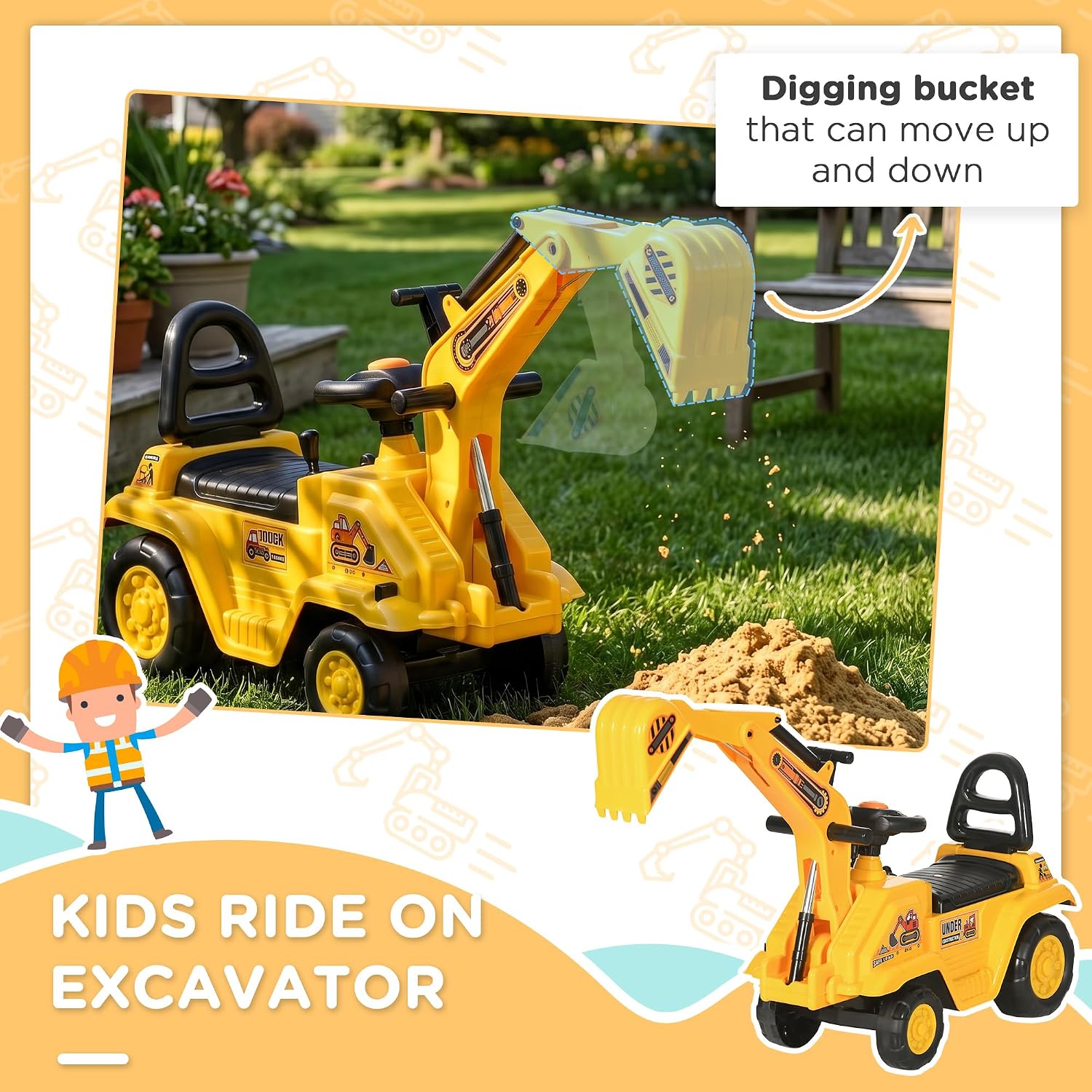 HOMCOM Ride On Excavator Ride On Bulldozer with Horn, Under Seat Storage