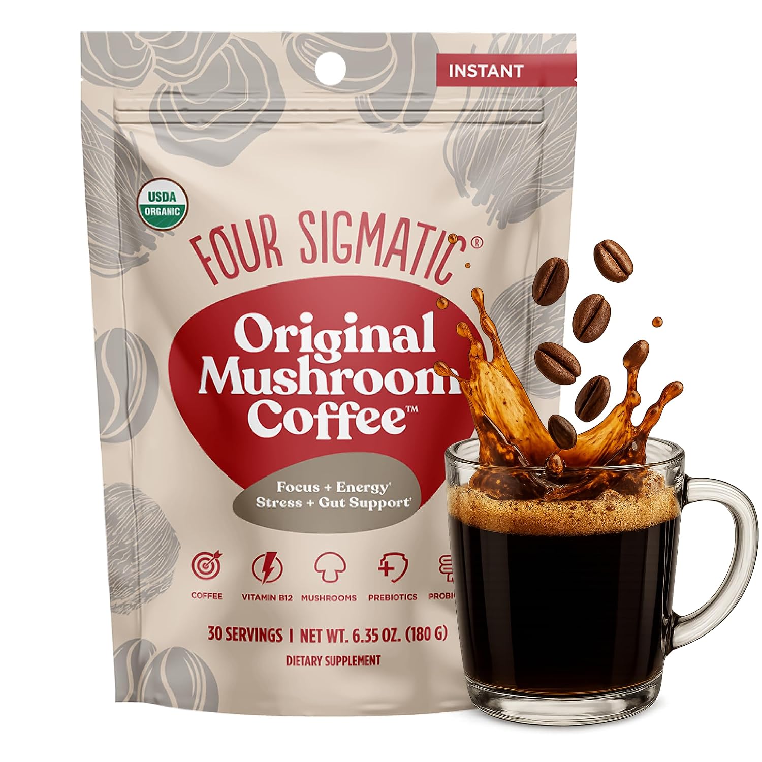 Four Sigmatic Organic Instant Coffee Powder | Mushroom Coffee Instant Mix with Cordyceps, Chaga and Eleuthero for Better Focus and Immune Support | 10 Packets