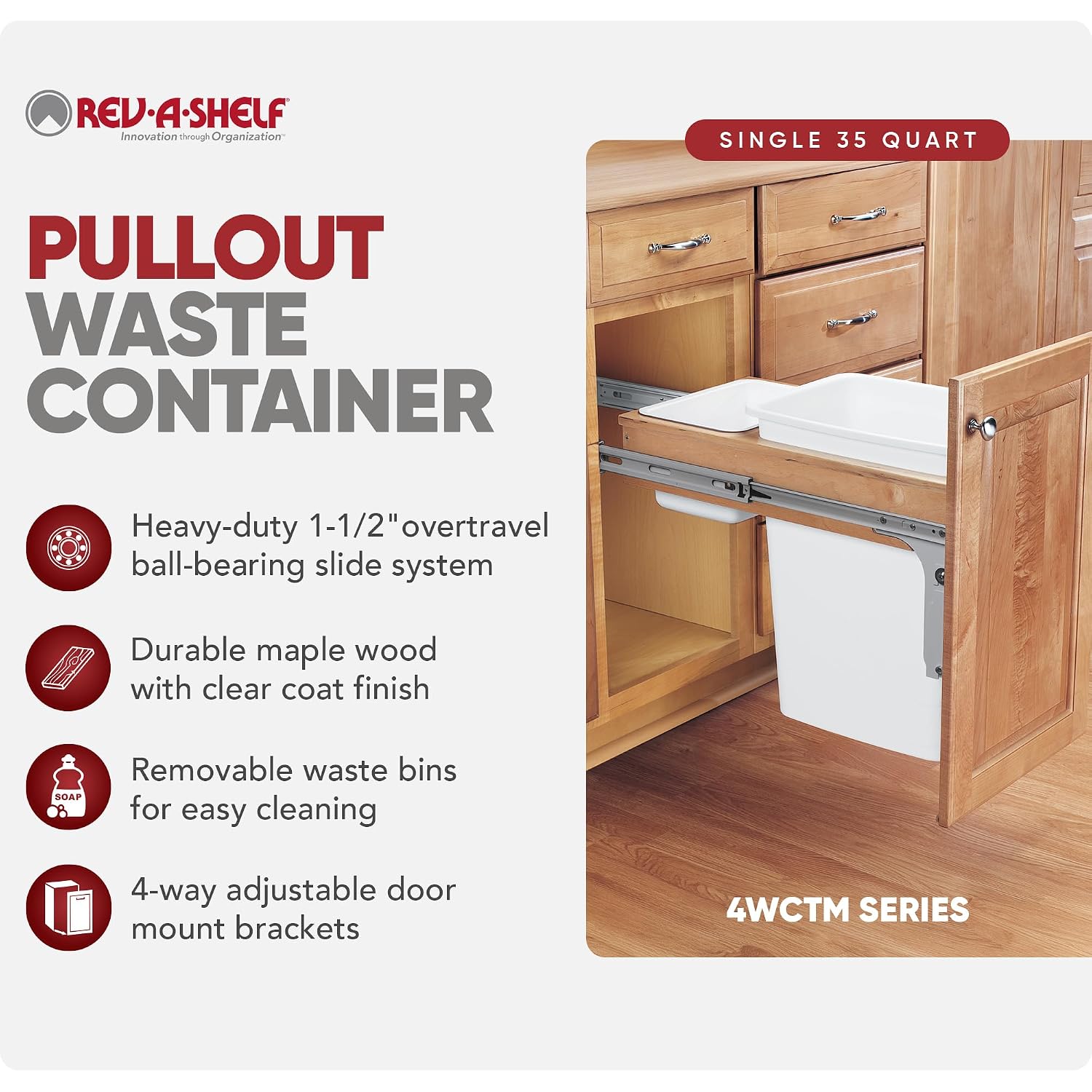 Rev-A-Shelf 35 Qt Top Mount Double Pullout Under Cabinet Kitchen Trash Cans for Base Cabinets, 150 Pound Rated Full-Extension Slides, Min Opening Width of 14.75", White, 4WCTM-18DM2-162