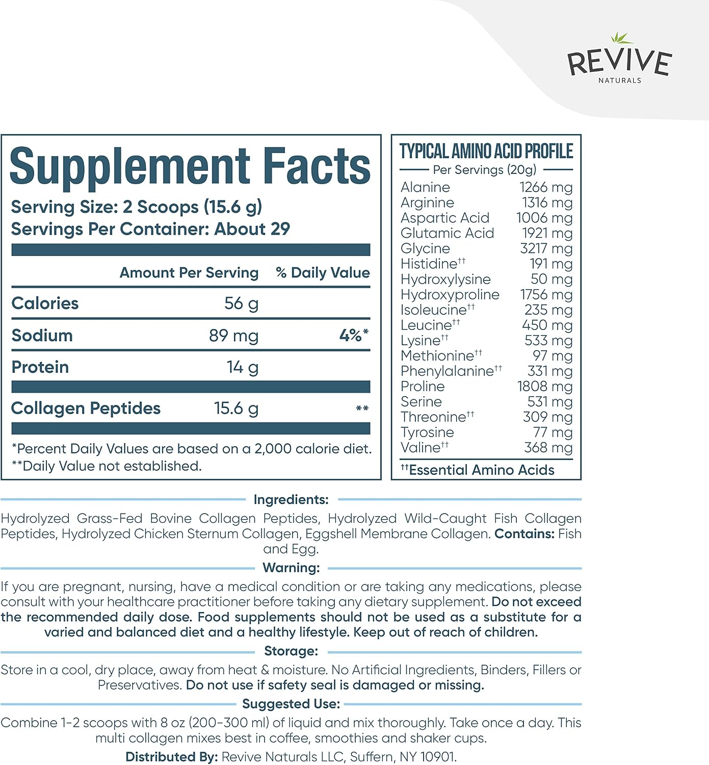 Revive Naturals Multi Collagen Hydrolyzed Protein Powder (16oz) - Types I, II, III, V & X - Grass Fed Bovine, Wild Caught Marine, Free Roaming Chicken & Eggshell Collagen Peptides,