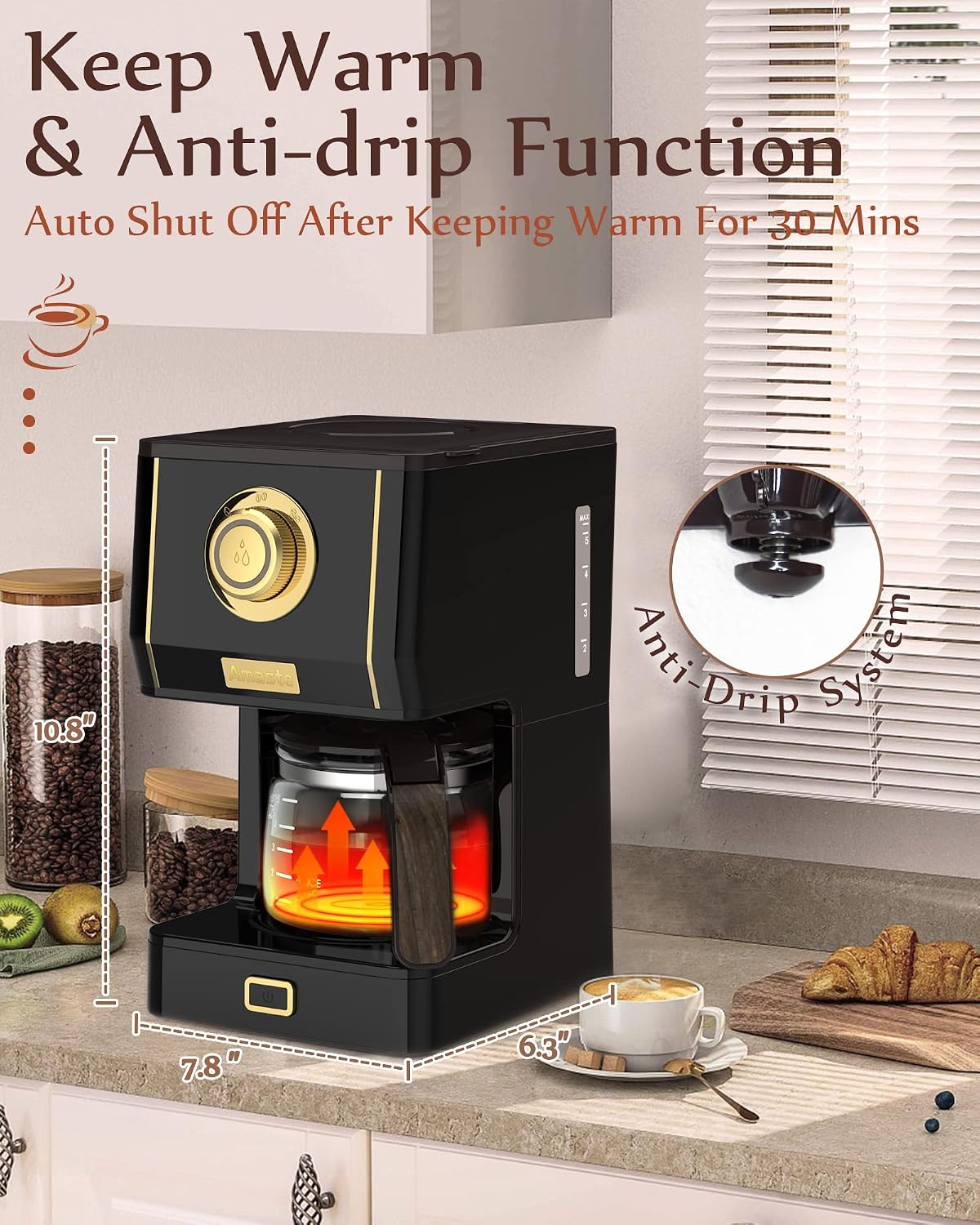 Amaste Drip Coffee Maker, Coffee Machine with 25 Oz Glass Coffee Pot, Retro Style Coffee Maker with Reusable Filter & Three Brewing Modes