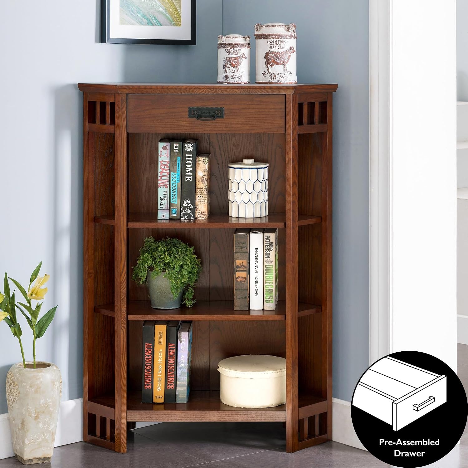 Leick Home Mission Corner Bookcase, 36", Mission Oak | Adjustable Shelves, Freestanding, Traditional, Wood, Furniture, 82263