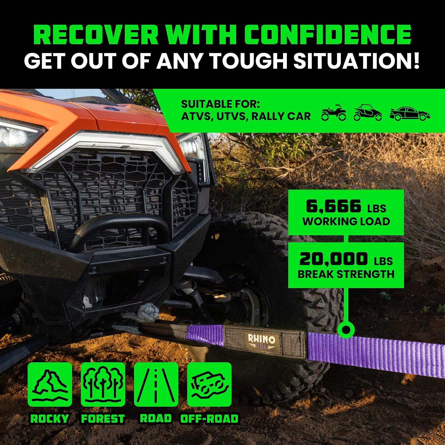 Rhino USA Recovery Tow Strap (3in x 30ft) - 31,518lb Heavy Duty Towing | 31,518lb Break Strength Emergency Tow Strap, Extended 30ft Length. For Truck, UTV, ATV & Jeep Offroad Recovery. Black
