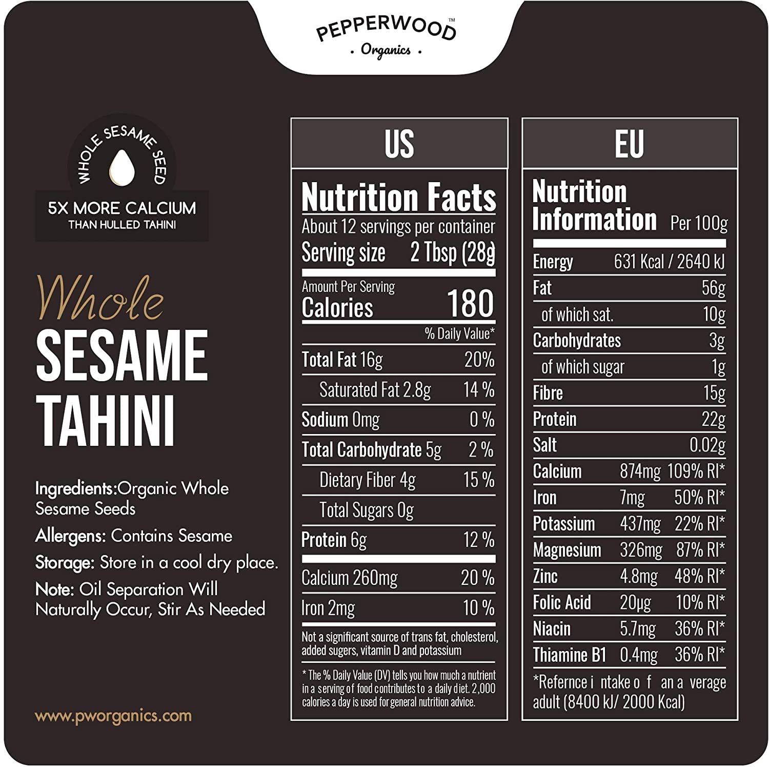 Organic Whole Sesame Tahini Paste - Bulk 6.6lb Bucket - Unhulled & Stone-Ground - Silky Smooth Texture in Hummus, Dips, Dressings - Unsalted, Nut-Free
