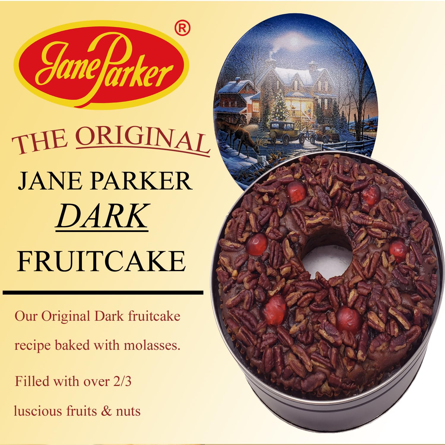 Jane Parker Fruitcake Dark Fruit Cake 3 Pound (48 Ounce) Ring in a Collectible Holiday Tin (Colors may vary) -Holiday Cake-Christmas Cake-The Best