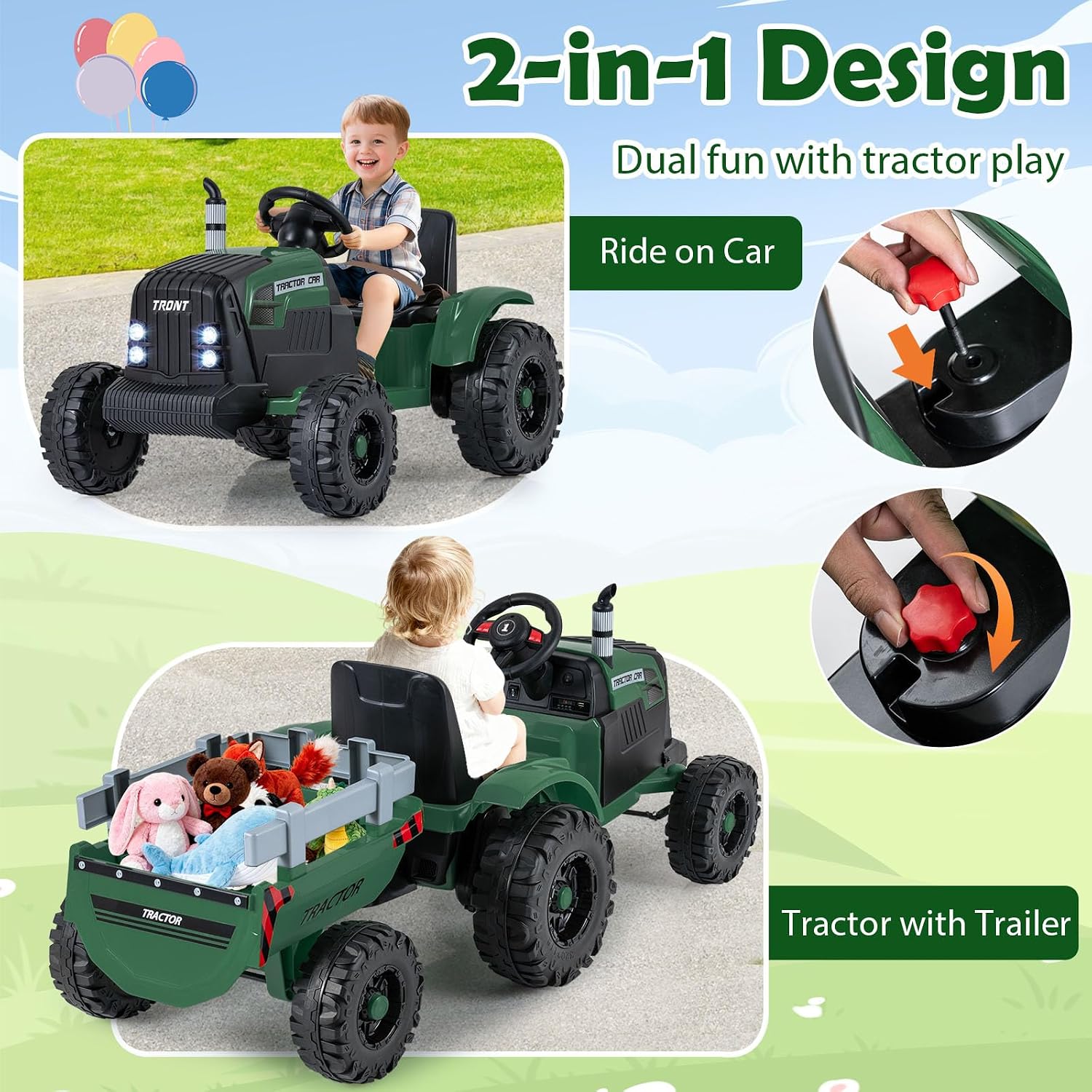 Costzon Ride on Tractor with Detachable Trailer, Kids' Electric Vehicles w/3-Gear-Shift Ground Loader, Wireless Design & USB, 7 LED Headlights