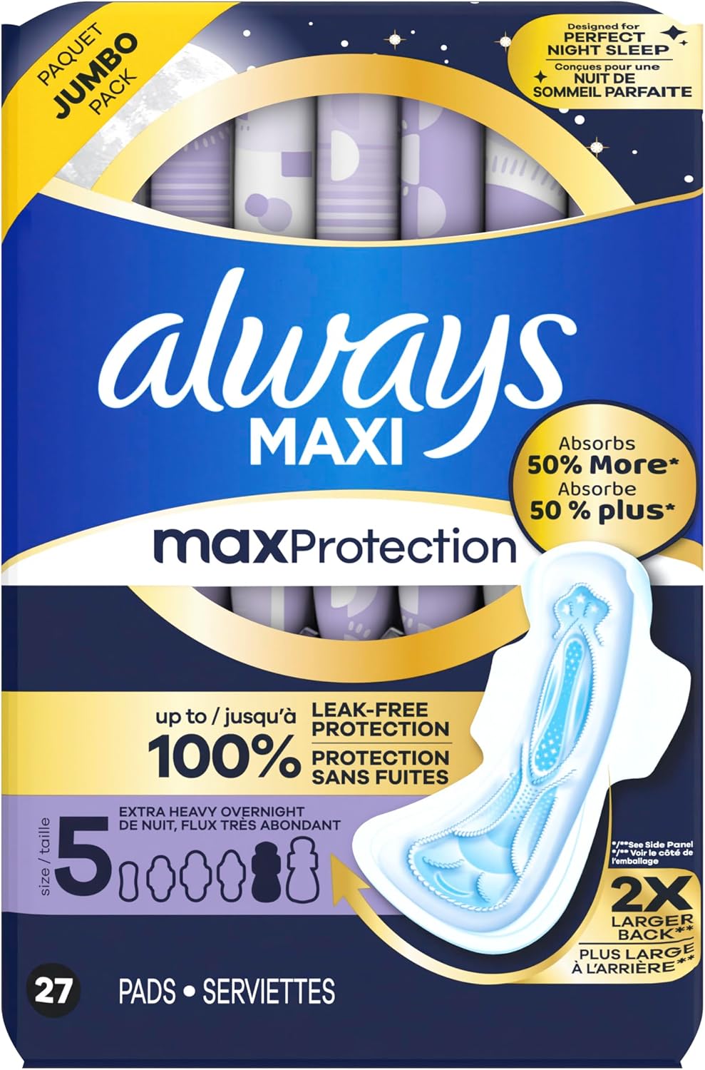 Always Maxi Overnight Pads with Wings for Women, Size 5, Extra Heavy Overnight Absorbency, Unscented, 36 Count