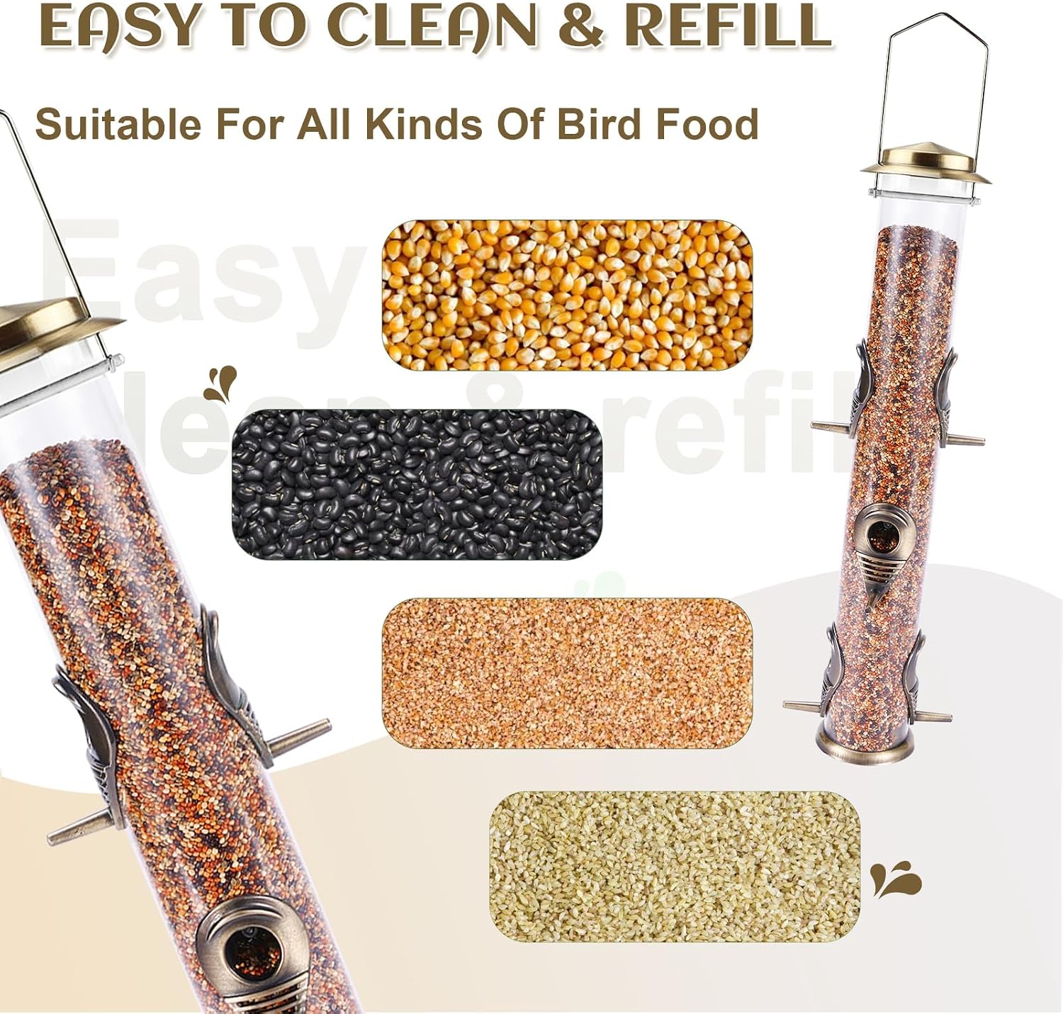 MIXXIDEA 1PK Metal Bird Feeders with 6 Feeding Ports, Tube Bird Feeder with Steel Hanger, Hard Plastic Wild Bird Feeder for Outdoors Hanging