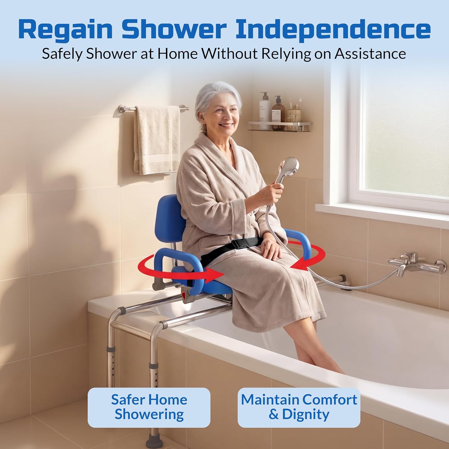 Carousel Sliding Shower Chair Tub Transfer Bench with Swivel Seat Elderly | Slide Safely In & Out of the Tub - Blue, padded seat, padded armrests, swivel seat, backrest, portable, tool-free assembly