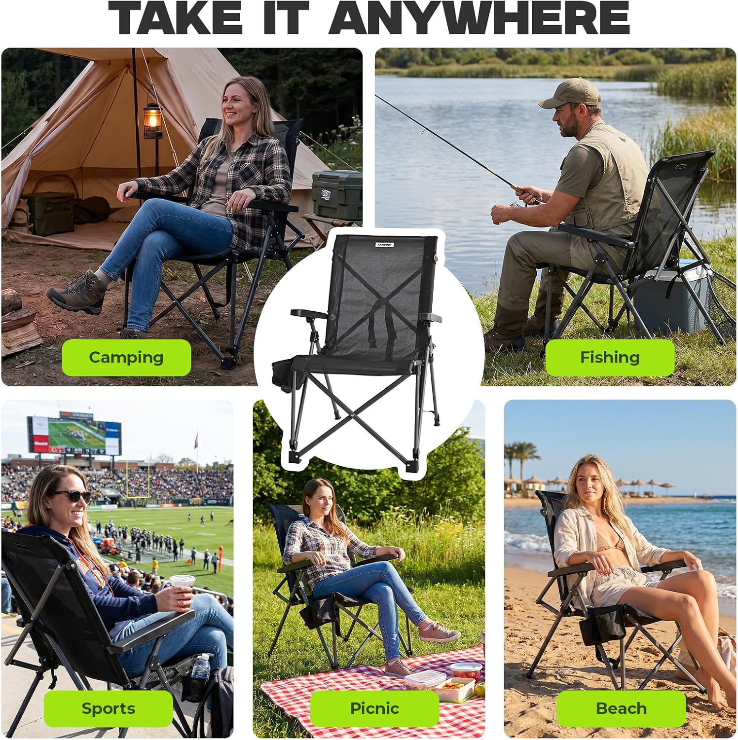 Alvantor® Camping Chair, Full Mesh Folding Beach Chair Breathable High Back Portable Lawn Chair for Outdoor, Armrest, Cup Holder, Easy Use Seat for Travel, Fishing, Pinic, Sports Event, 24"x31"x38"