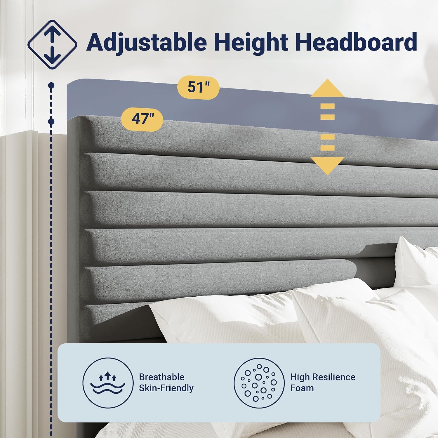 Allewie Queen Bed Frame, Velvet Upholstered Platform Bed with Adjustable Headboard, Horizontal Channel Design, Wood Slat Support, No Box Spring Needed, Noise Free, Easy Assembly, White