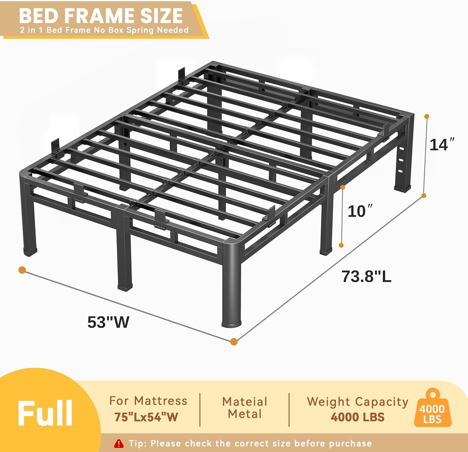 Full Size Bed Frame Metal,14 Inch Heavy Duty Double Layer Platform Black | Easy Assembly,Noise Free,4000lbs Capacity,6 Mattress Stoppers,Round Corner Legs,Headboard Holes,Anti-Slip Rubber Foot Pads