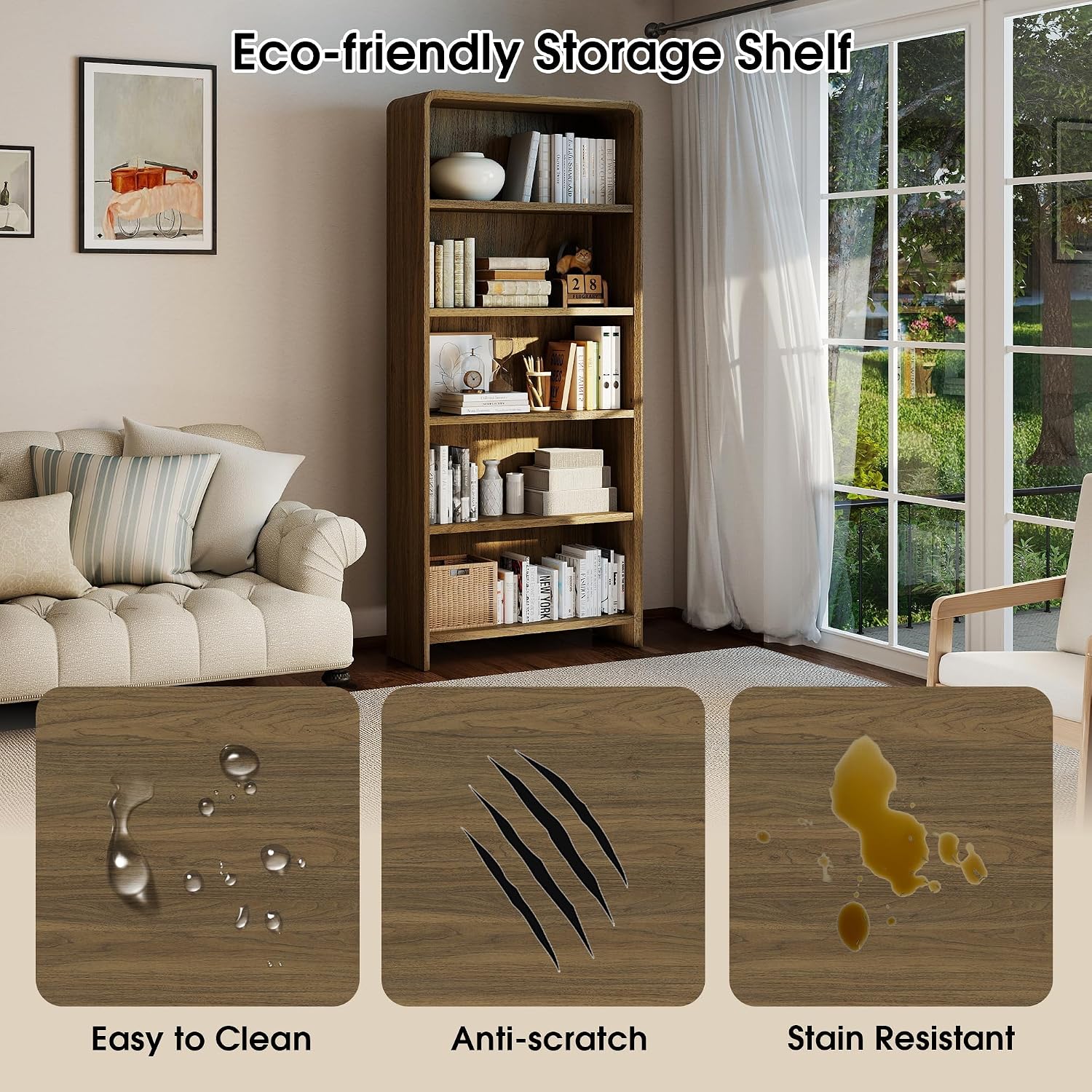 Bevfint 44" Bookcase Tall 3 Shelves Wood Bookshelf with Curved Soft Edges, Heavy Duty Storage Cabinet for Professional Home Office and Living Room, Modern Natural Oak Grain Finish