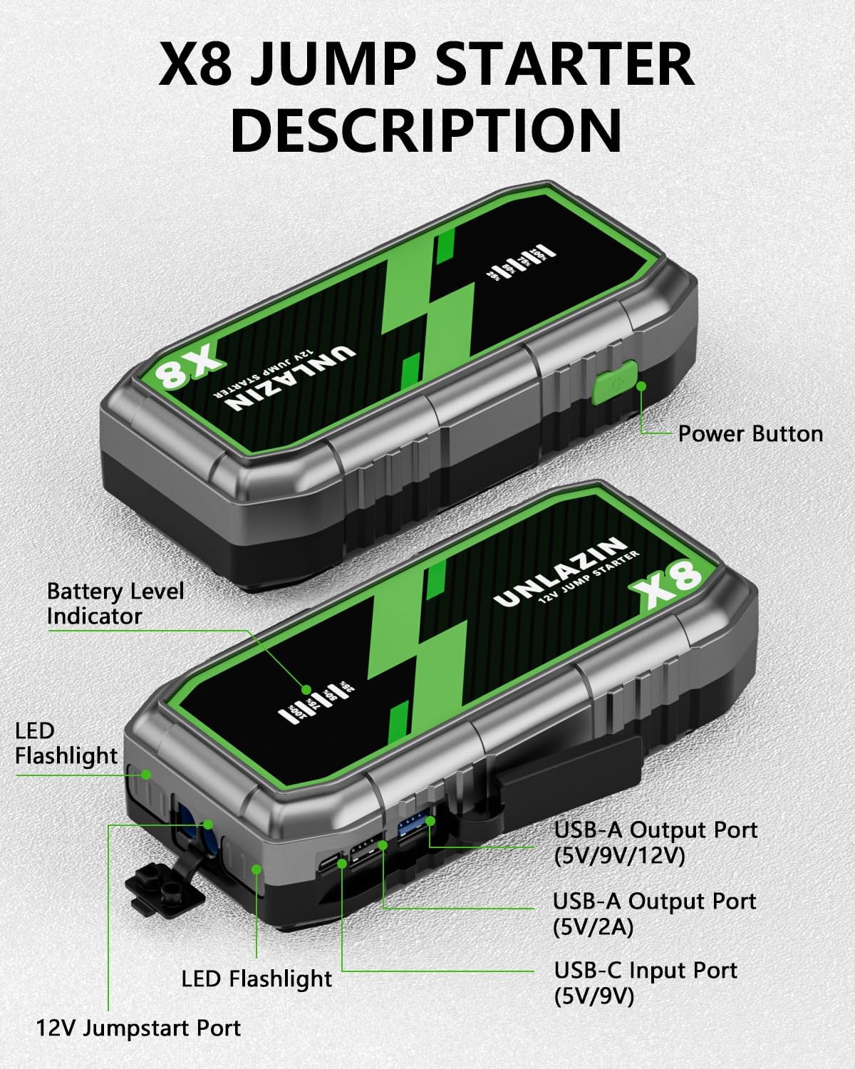 X8 10000A Portable Jump Starter with Force Start, All Gas & Diesel Engines | 12V Car Starter Jump Box & Battery Starter Booster, QC 3.0 Quick Charge