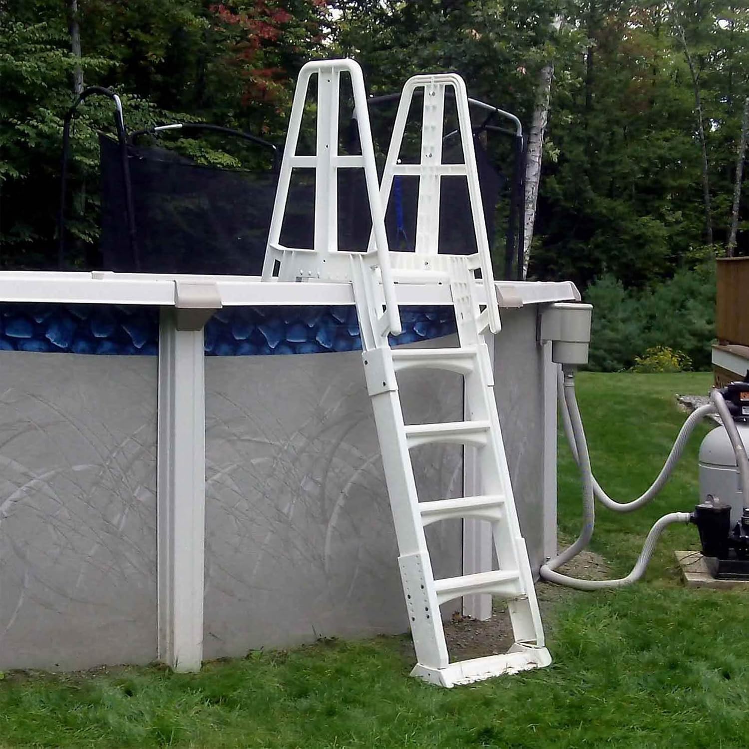 SLA A-Frame 48 to 56 Inch Adjustable Above Ground Swimming Pool Ladder Entry System with Slide Lock Barrier and Handrails, White