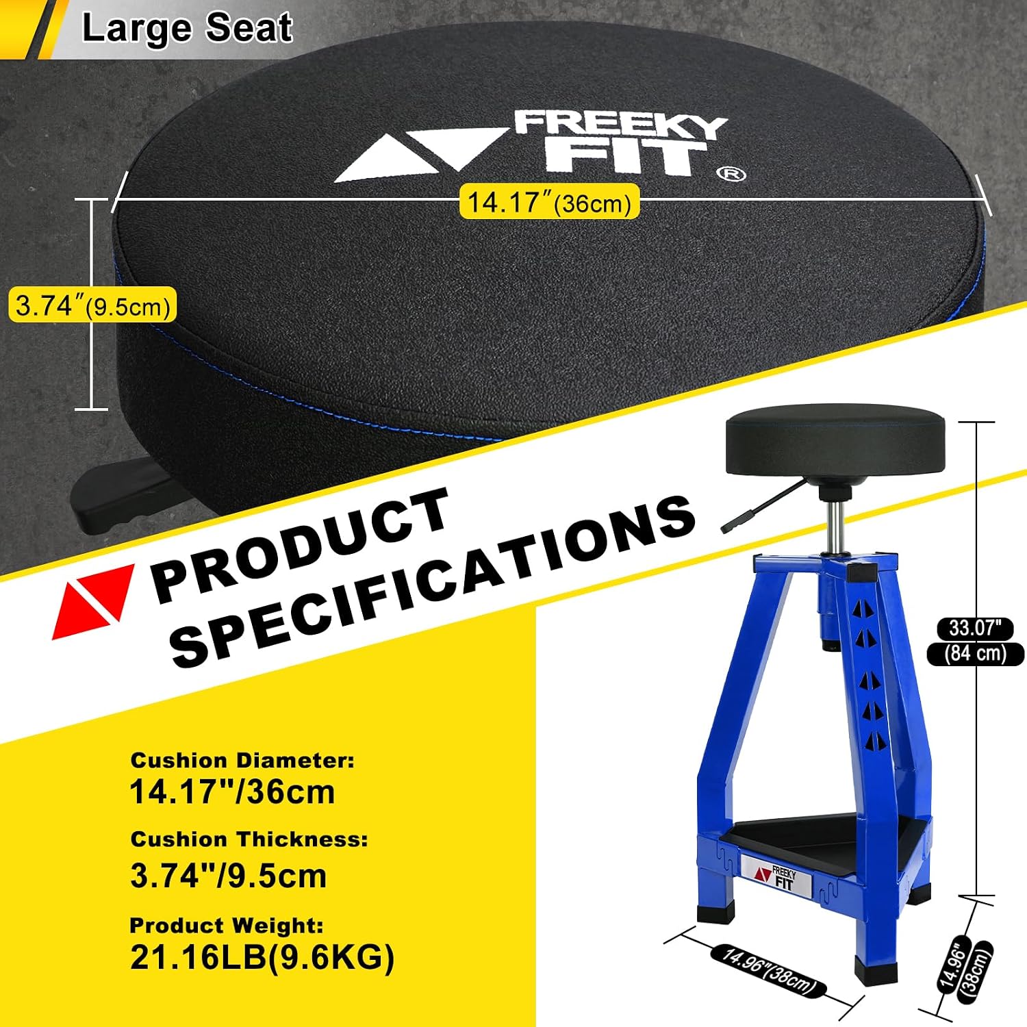 Adjustable Shop Stool,Garage Mechanic Stool Chair,Work Seat for Workshop, Adjustable Height, 360° Swivel Padded Square Seat,Tool Storage, 350 LBS Capacity, Heavy Duty, Blue