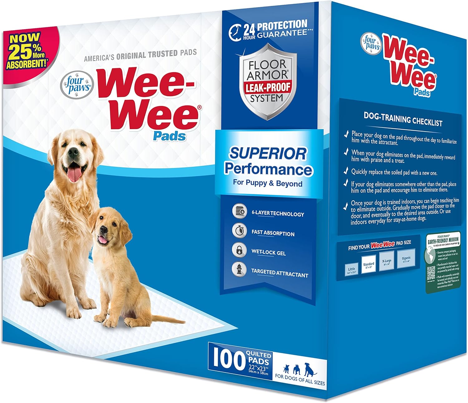 Four Paws Wee-Wee Superior Performance Dog Pee Pads, 100 Count | Quilted leak-proof puppy pads, dog housebreaking & potty training