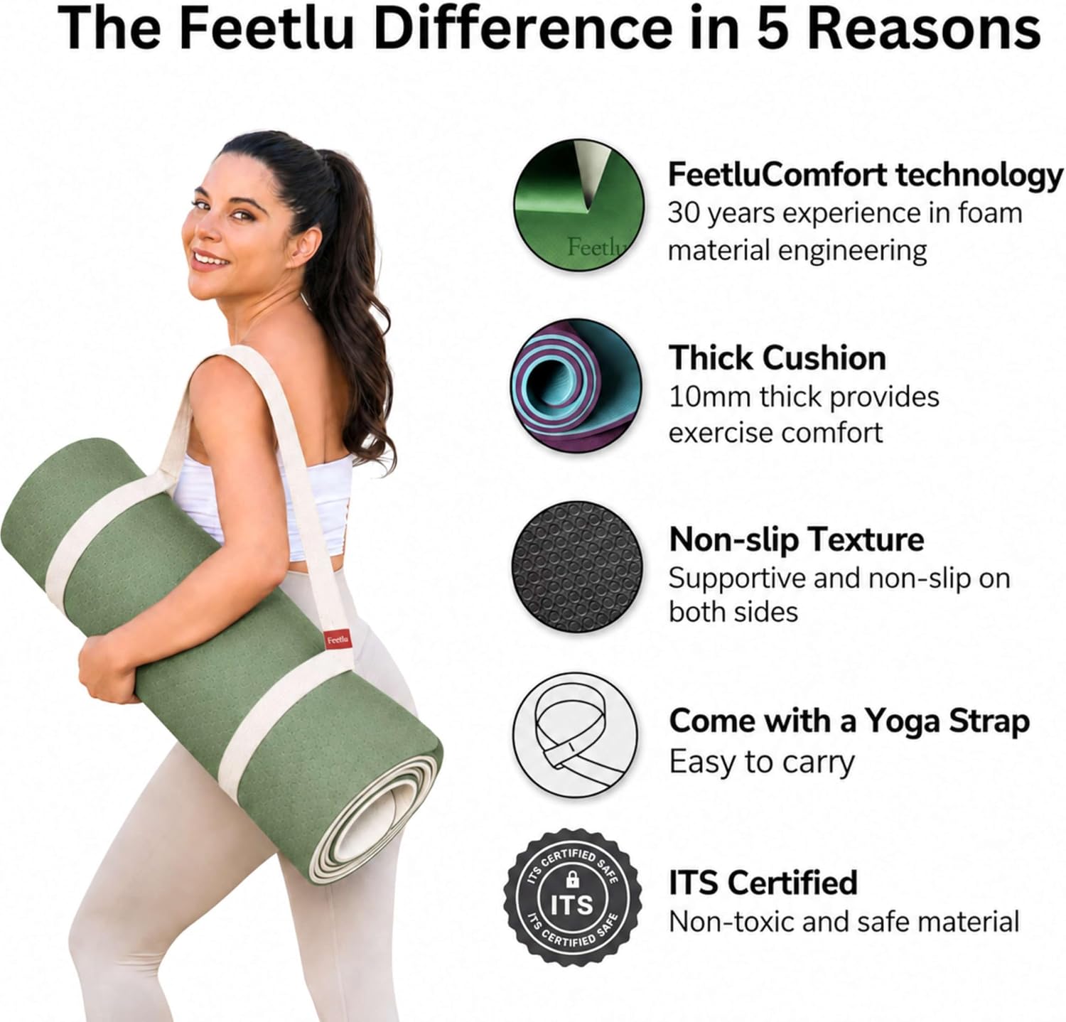 Extra Thick Yoga Mat with Carry Strap, 10mm Non-Slip Exercise Mat, 72 x 24 Inch Cushioned Workout Mat for Yoga, Pilates, Stretching & Floor Exercises
