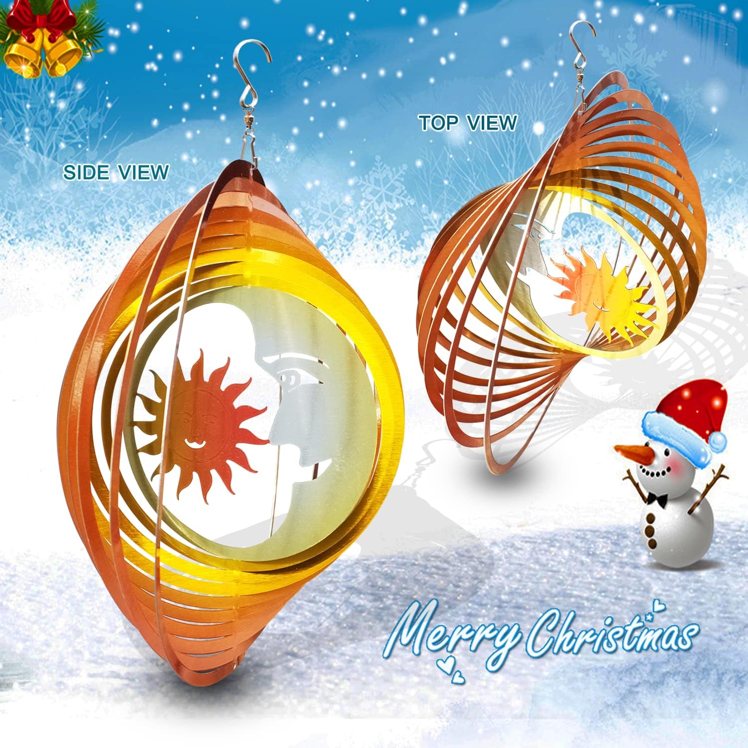 FONMY Wind Spinner 3D Stainless Steel Laser Cut Metal Art 12 inches Moon and Sun Hanging Wind Spinner