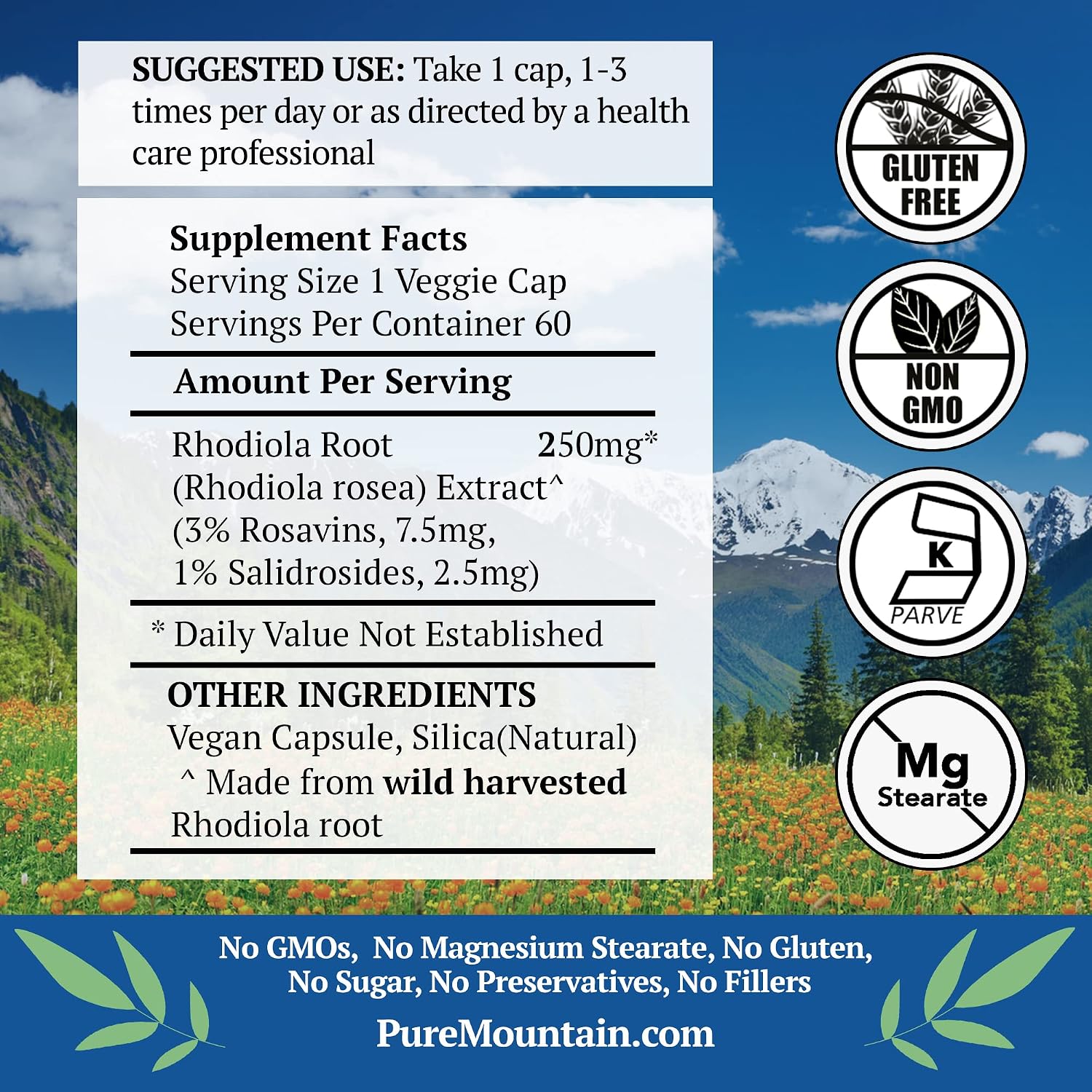 Pure Mountain Botanicals Rhodiola Rosea Supplement - 60 Capsules 250mg - Root Extract Standardized 3% Rosavins 1% Salidroside - Vegan Kosher Gluten