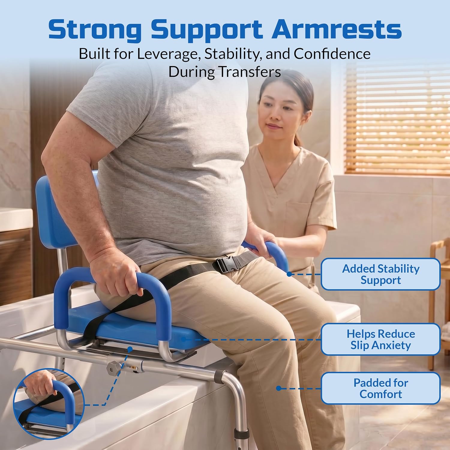Carousel Sliding Shower Chair Tub Transfer Bench with Swivel Seat Elderly | Slide Safely In & Out of the Tub - Blue, padded seat, padded armrests, swivel seat, backrest, portable, tool-free assembly
