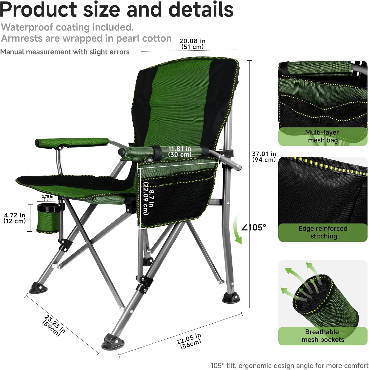 Adjustable Back Folding Camping Chair for Camp, Picnic, Lawn, Fishing | Adjustable Back; Weight Capacity 400 LBS;Hard Arm Portable Chair;Cup Holder;Storage Bag;carrying bag