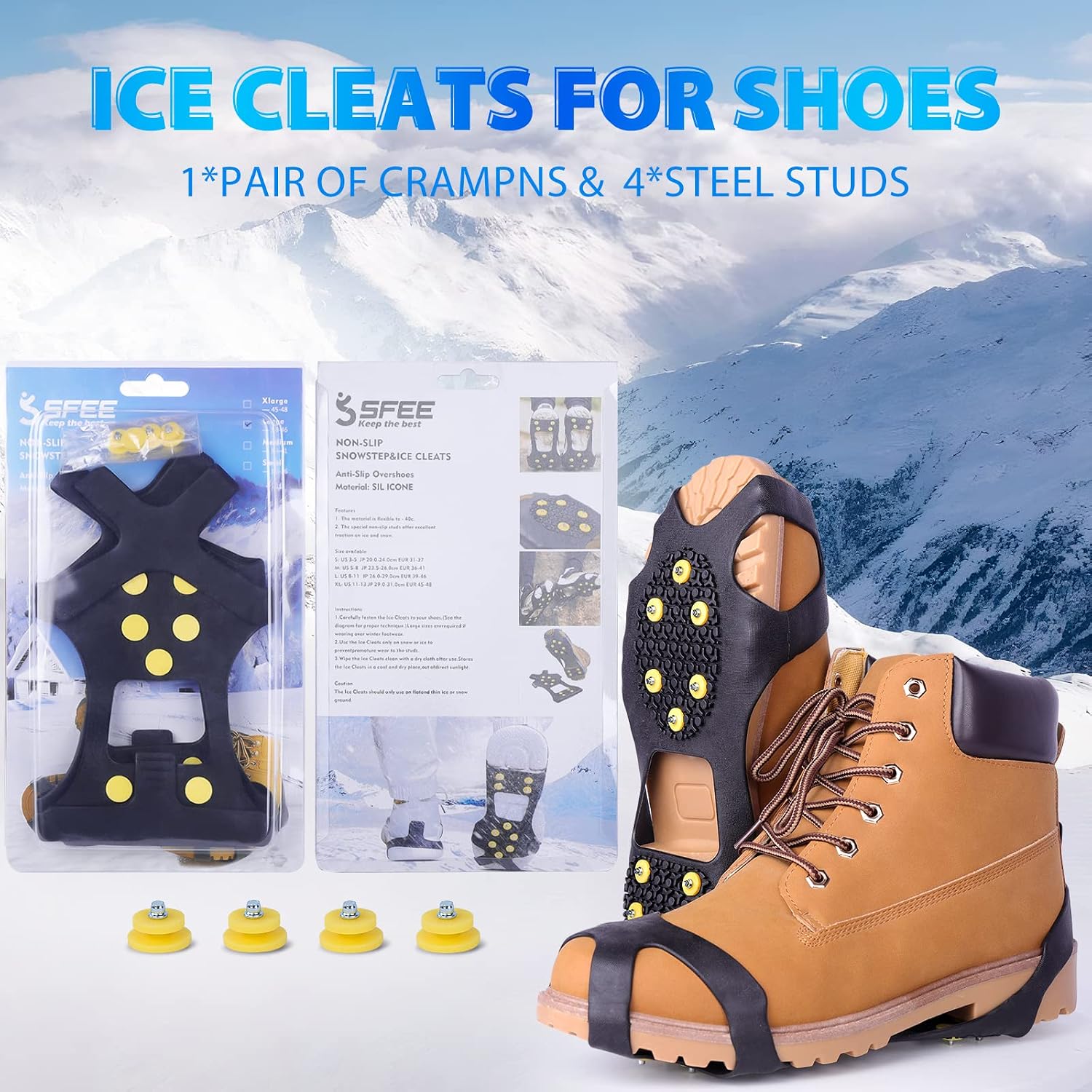 Ice Cleats for Boots Shoes, Snow Grips Cleats for Ice and Snow Anti-Slip Rubber Traction Cleats for Walking on Snow and Ice 10 Steel Studs Crampons for Hiking, Walking, Climbing, Jogging
