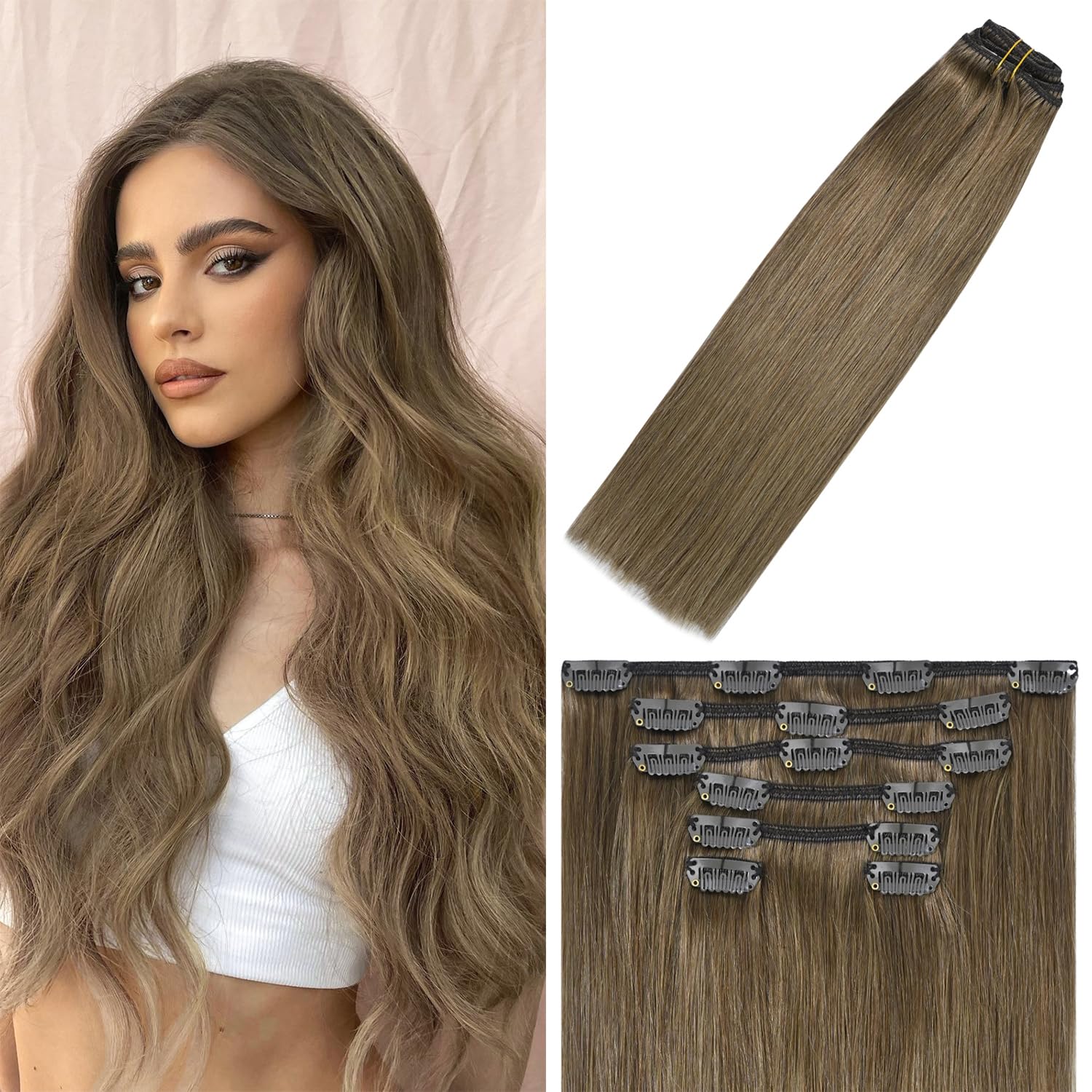 WindTouch Clip In Hair Extensions Human Hair Mixed Bleach Blonde 18Inch 75g Hair Extensions for Women Remy Blonde Extensions Clip in #18p613 7PCS