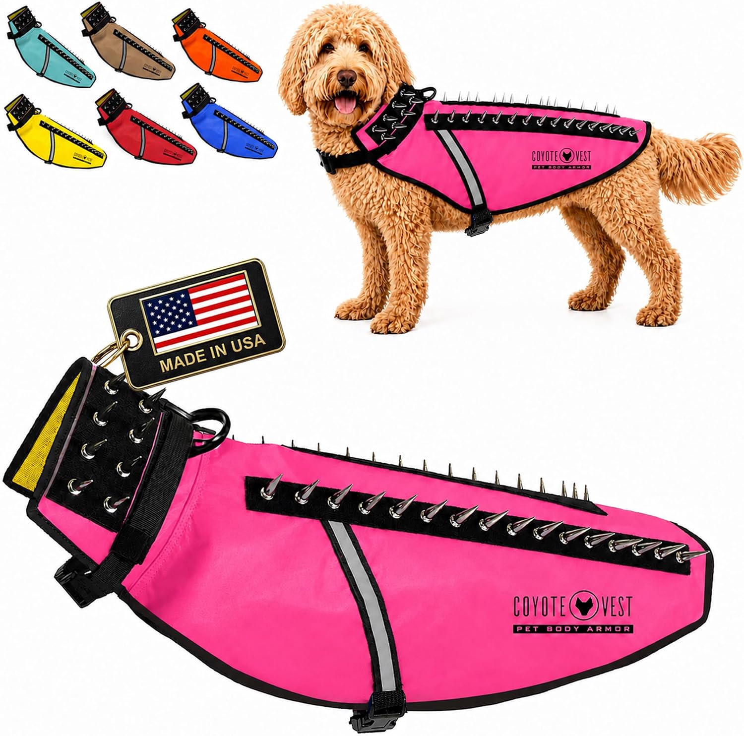 CoyoteVest Stab-Resistant Dog Harness, Made in USA, X-Small, Neon Pink | Stab-resistant Vest Helps Protect Small Dogs From Coyotes, Aggressive Dogs and Birds of Prey, with Removable Spikes