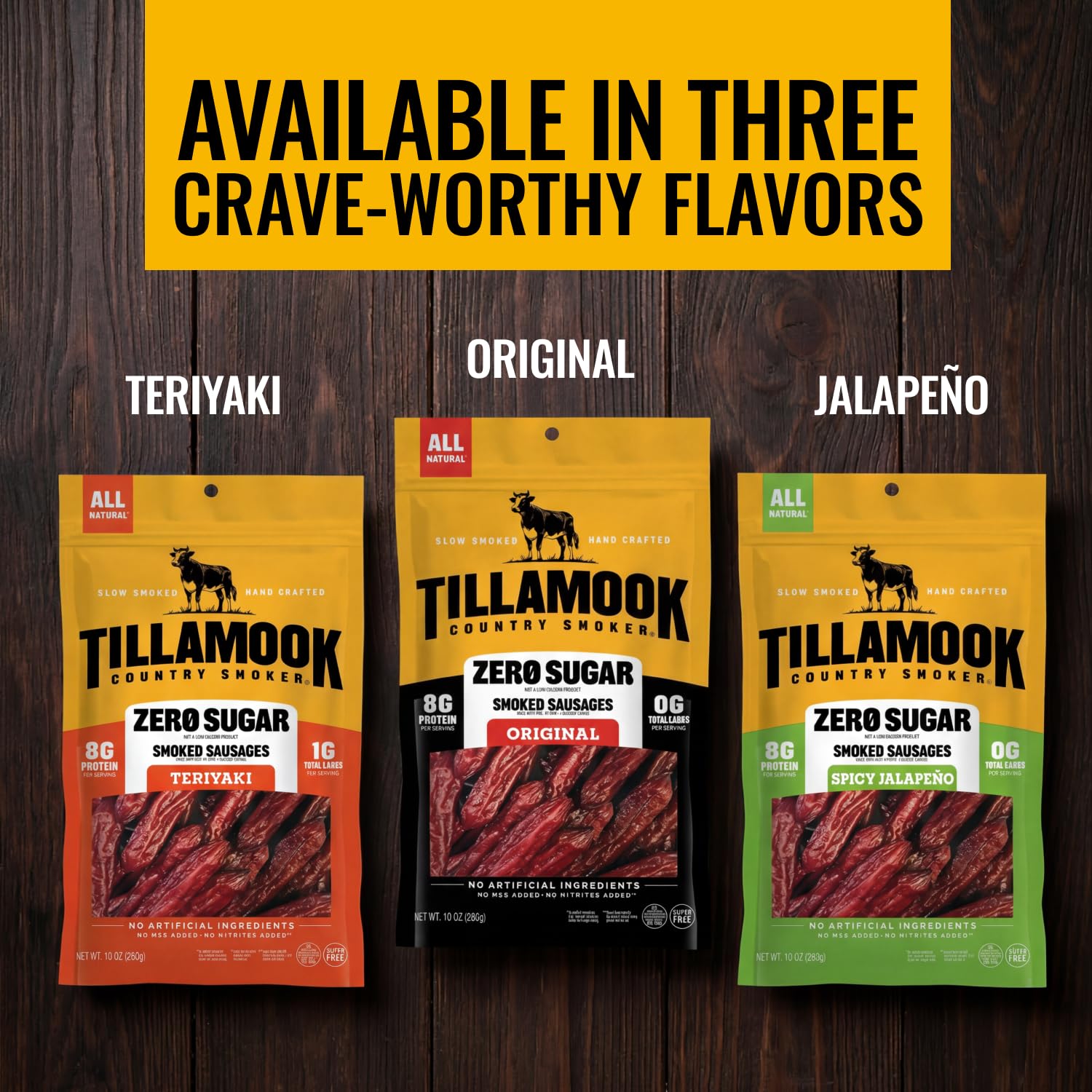 Tillamook Country Smoker Zero Sugar Spicy Jalapeno Smoked Sausages, 10 Oz, 9g Protein, Real Hardwood Slow Smoked High Protein, Low Carb Meat Sticks