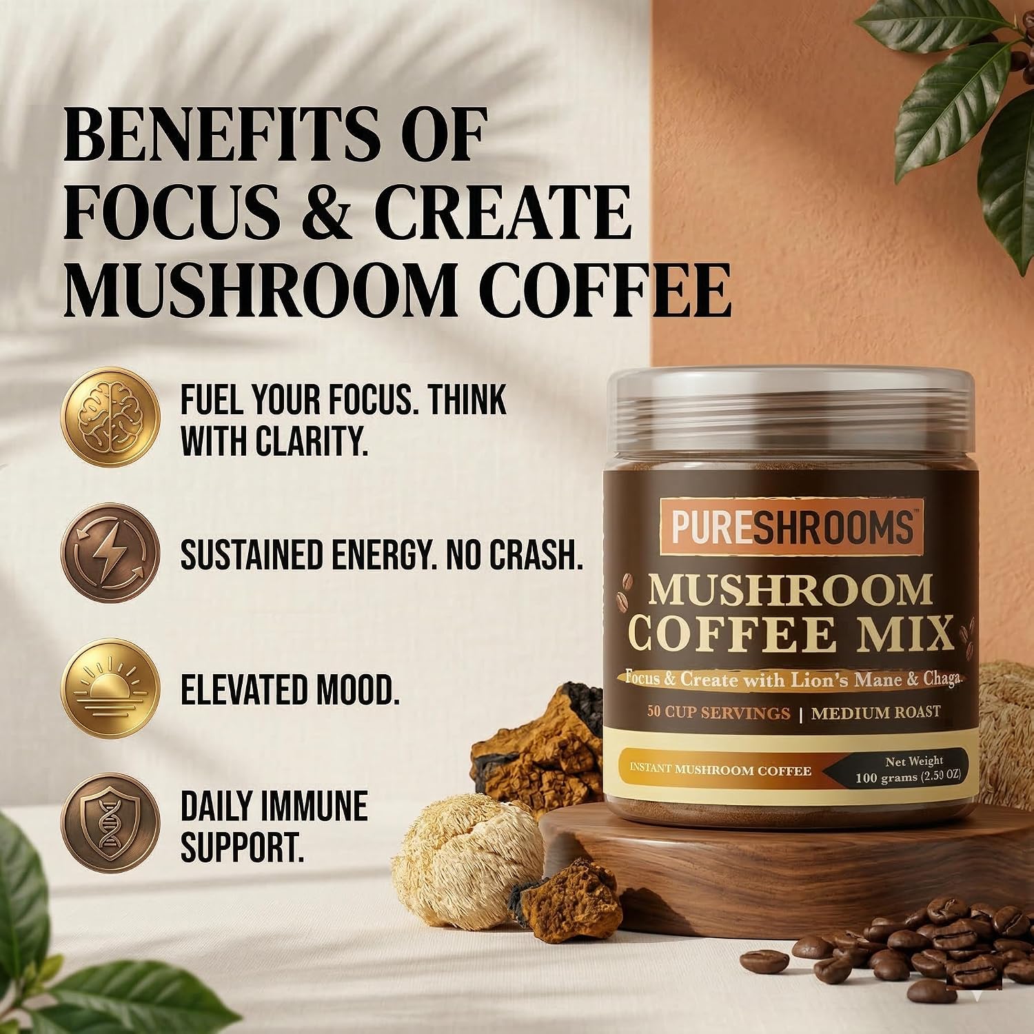PureShrooms Mind & Body Mushroom Coffee - Instant Colombian Arabica with Organic Lion’s Mane, Reishi & Cordyceps - Low Acidity Nootropic Superfood Beverage for Focus & Vitality, 35 Servings/70g