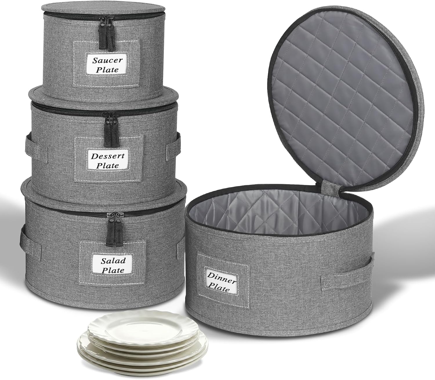 4PCS China Storage Containers, Hard Shell Dish Storage Containers w/ Felt Dividers, Quilted Plate Storage Cases for 12 Place Setting Charger Plates Dinnerware, Stackable Moving Boxes for Dishes