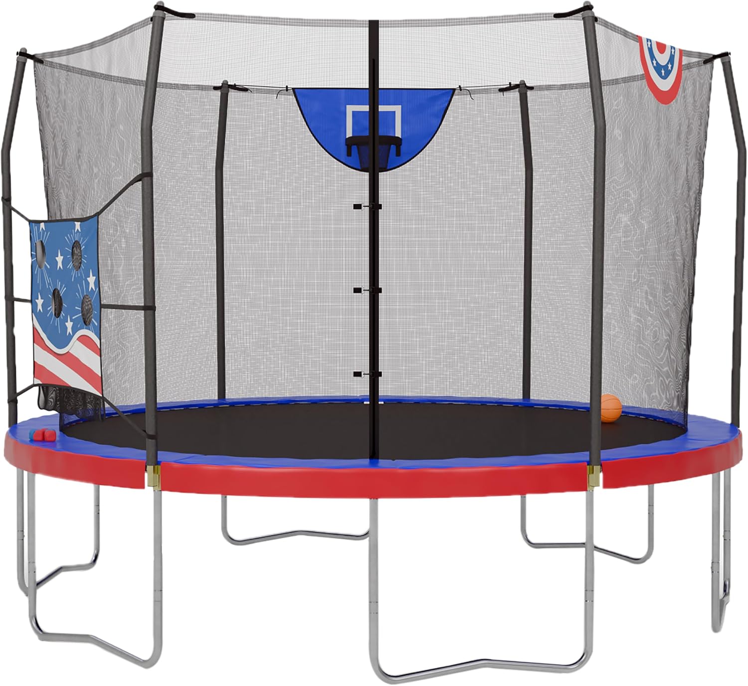 Skywalker Trampoline Outdoor 8 FT, 12 FT, 15 FT Jump N’ Dunk Round Outdoor Trampoline with Net, Trampoline Mat, and Basketball Hoop for Trampoline
